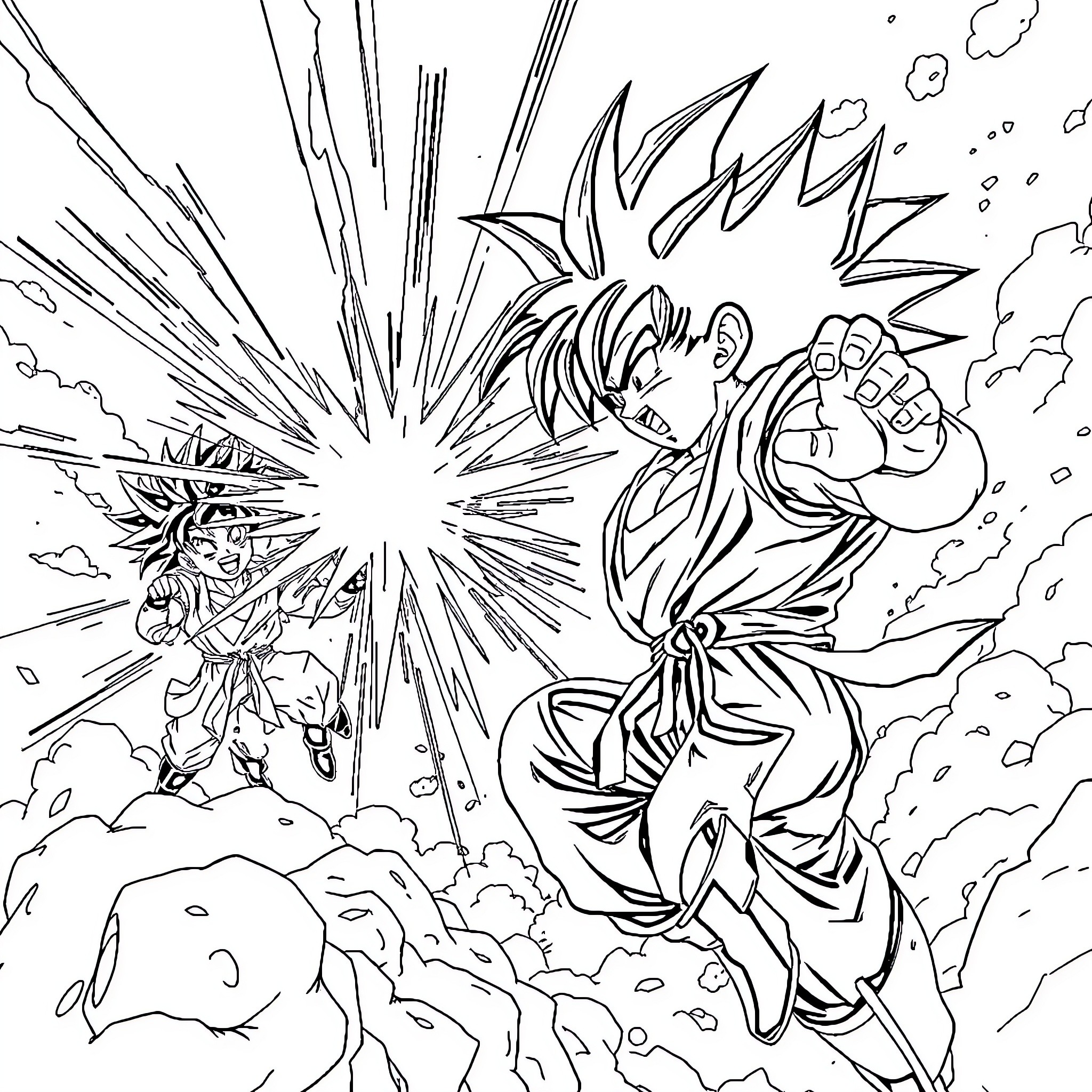 Dragon Ball Z: Epic Clash of Powerful Fighters Coloring Page (free black-and-white line drawing printable PDF for all, from beginners to advanced learners, including children, teens, adults, and seniors)
