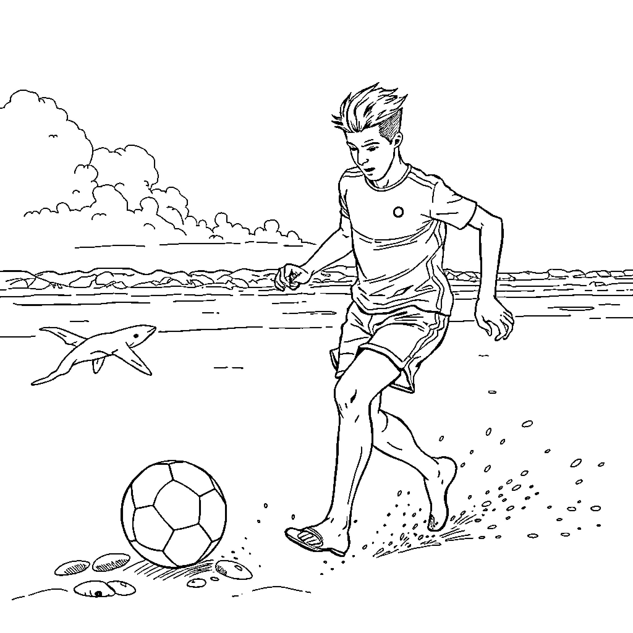 Wednesday at the beach playing soccer Coloring Page (free black-and-white line drawing printable PDF for all, from beginners to advanced learners, including children, teens, adults, and seniors)