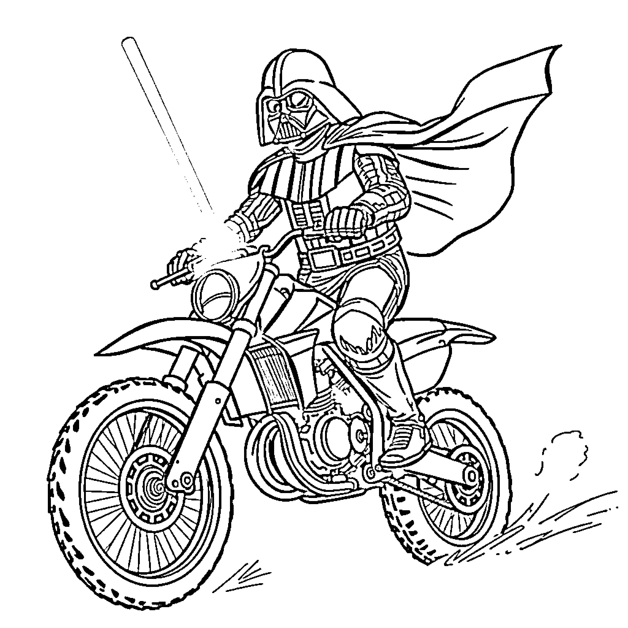 Darth Vader riding a motocross bike in action Coloring Page (free black-and-white line drawing printable PDF for all, from beginners to advanced learners, including children, teens, adults, and seniors)
