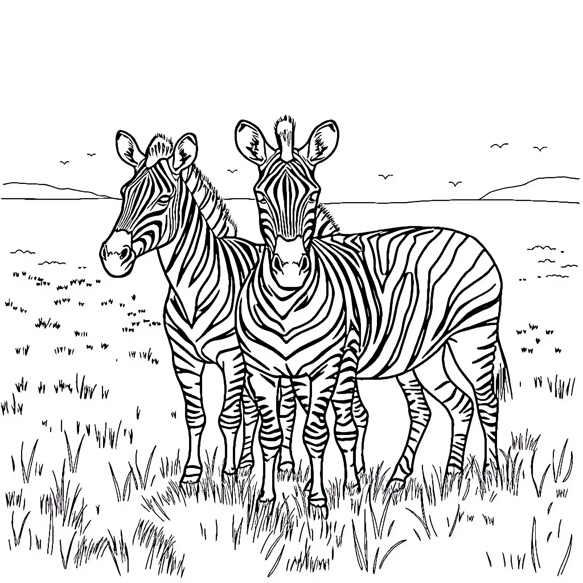 Zebras standing in a grassy field Coloring Page (free black-and-white line drawing printable PDF for all, from beginners to advanced learners, including children, teens, adults, and seniors)