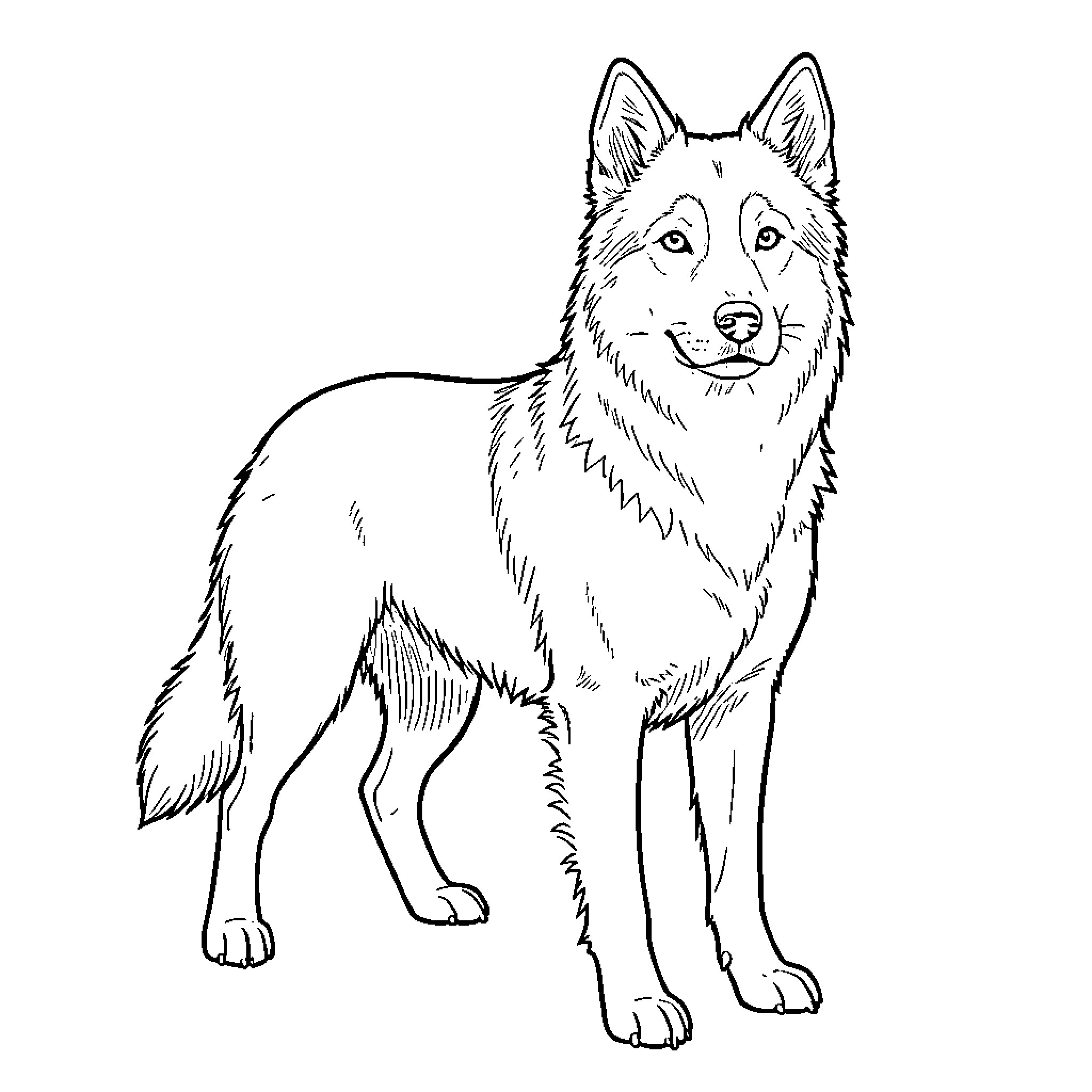 Dog standing alert and looking forward Coloring Page (free black-and-white line drawing printable PDF for all, from beginners to advanced learners, including children, teens, adults, and seniors)
