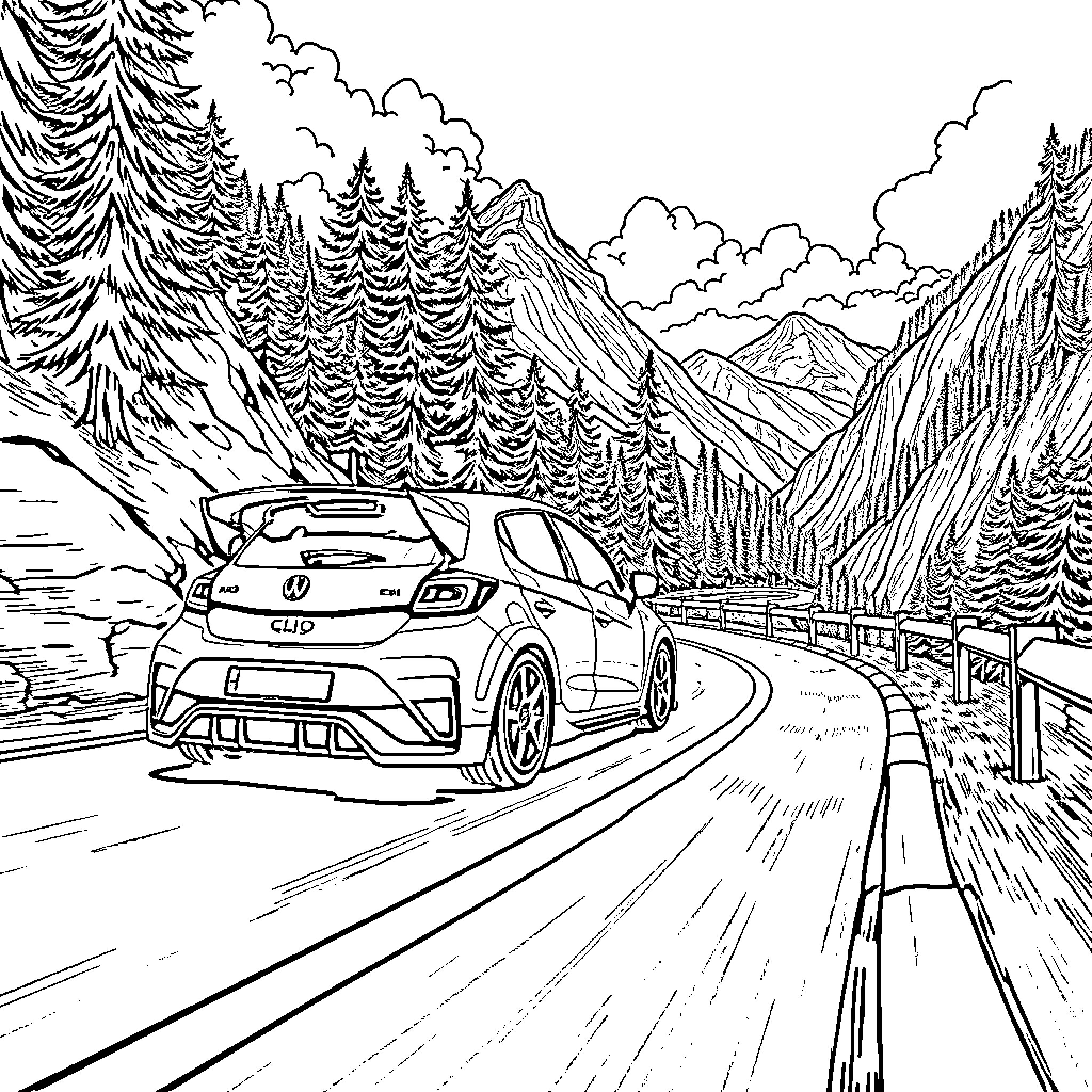 Clio driving along a winding mountain road Coloring Page (free black-and-white line drawing printable PDF for all, from beginners to advanced learners, including children, teens, adults, and seniors)