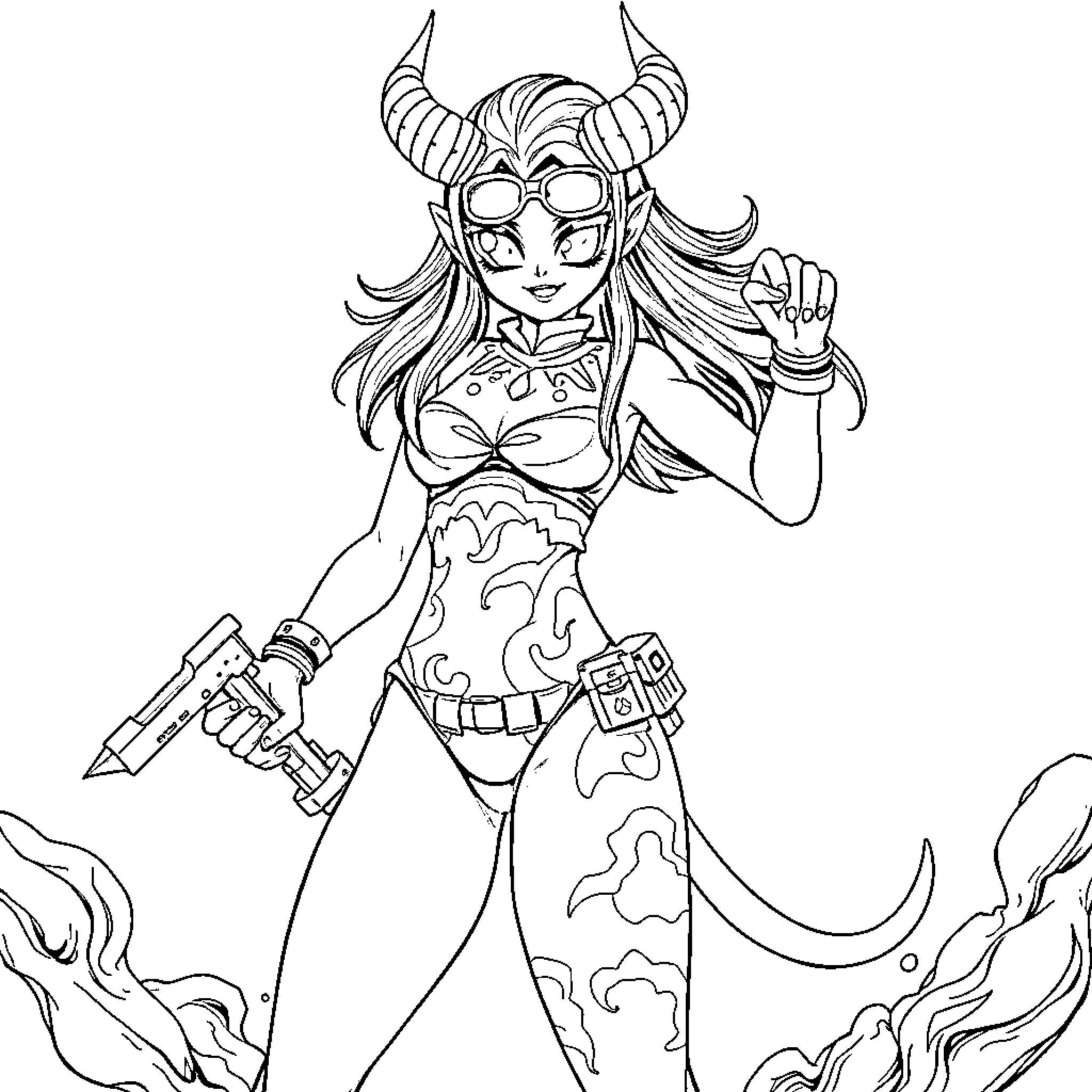 Demon Hunter with Powerful Weapons and Fierce Expression Coloring Page (free black-and-white line drawing printable PDF for all, from beginners to advanced learners, including children, teens, adults, and seniors)