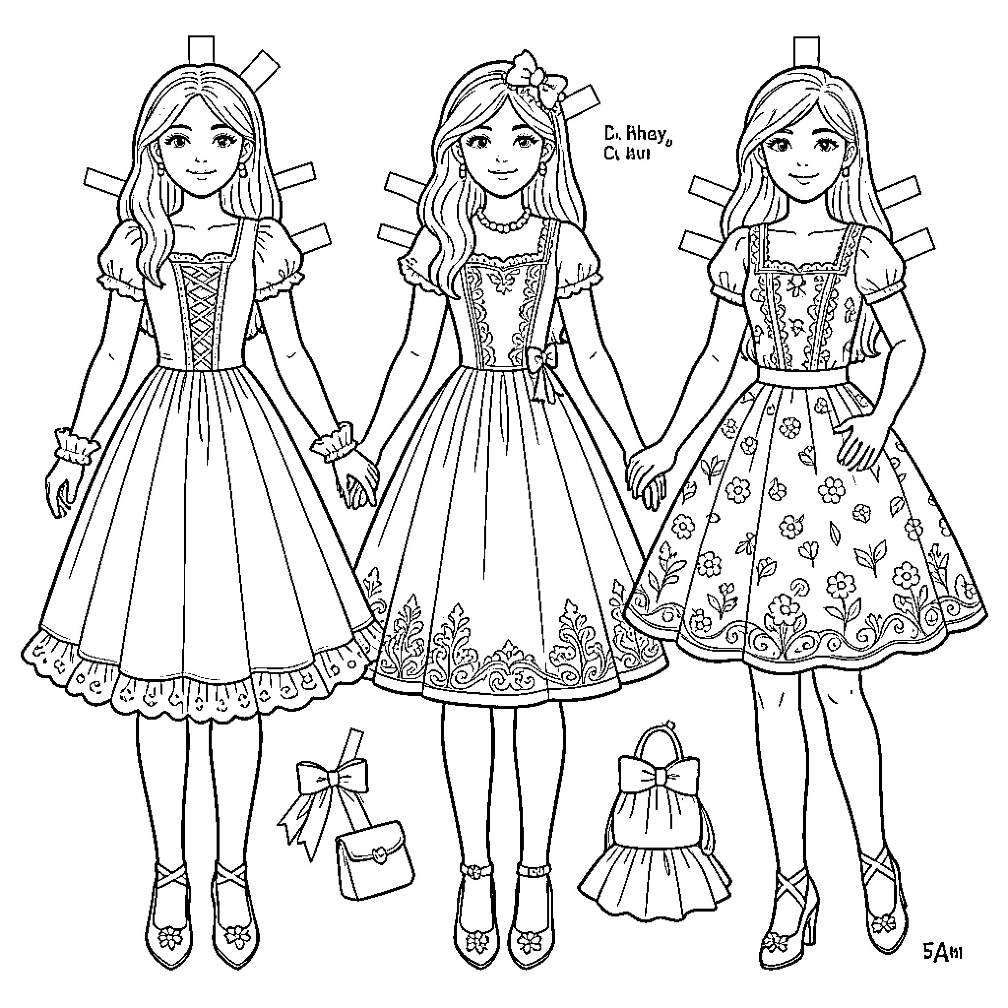 Paper Doll characters holding hands in elegant dresses Coloring Page (free black-and-white line drawing printable PDF for all, from beginners to advanced learners, including children, teens, adults, and seniors)