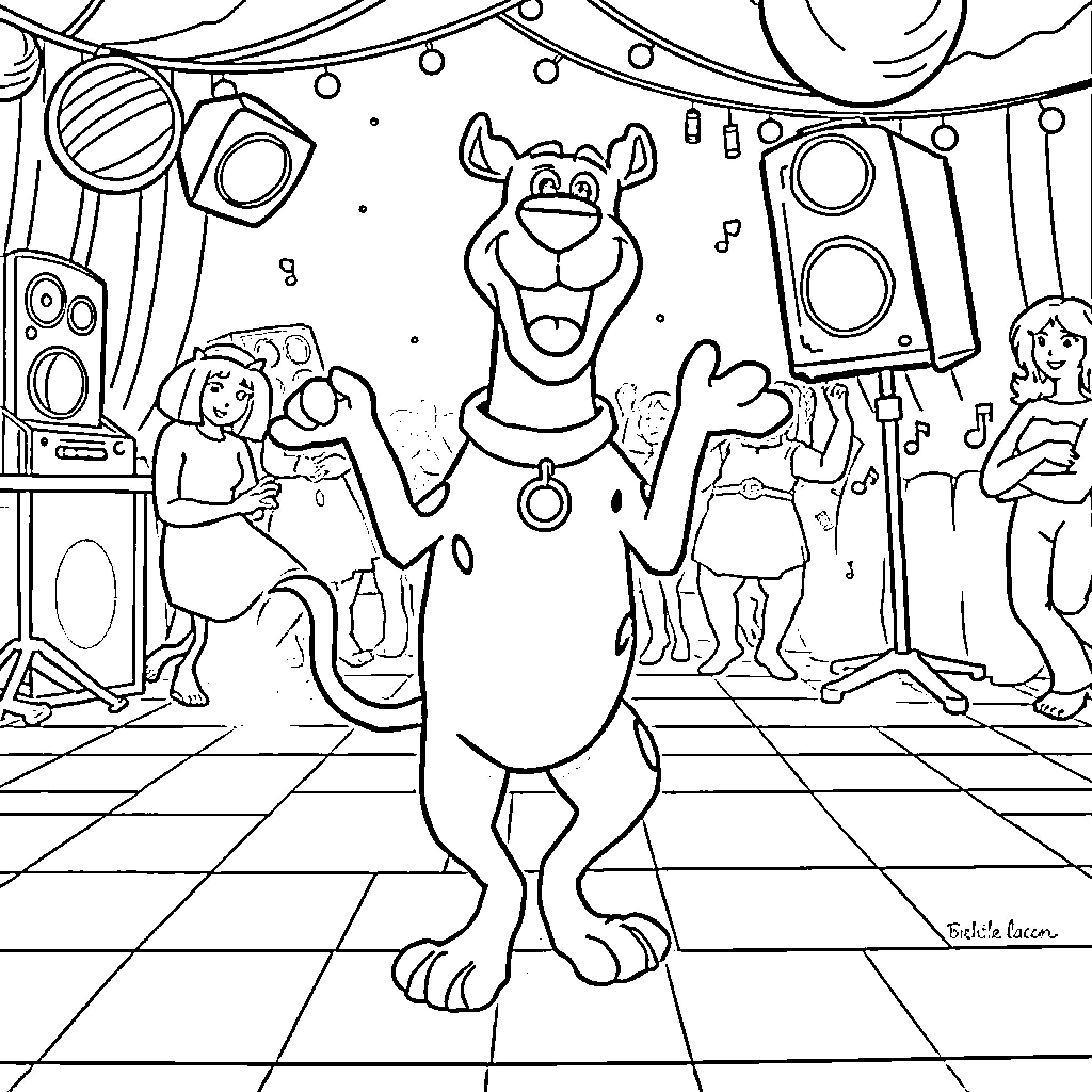 Scooby Doo Dancing at a Party Coloring Page (free black-and-white line drawing printable PDF for all, from beginners to advanced learners, including children, teens, adults, and seniors)