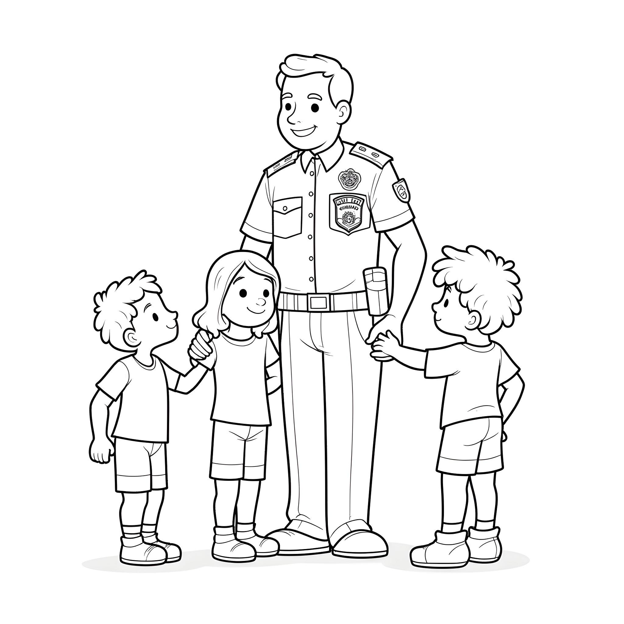 Police Officer Interacting with Children in the Community Coloring Page (free black-and-white line drawing printable PDF for all, from beginners to advanced learners, including children, teens, adults, and seniors)
