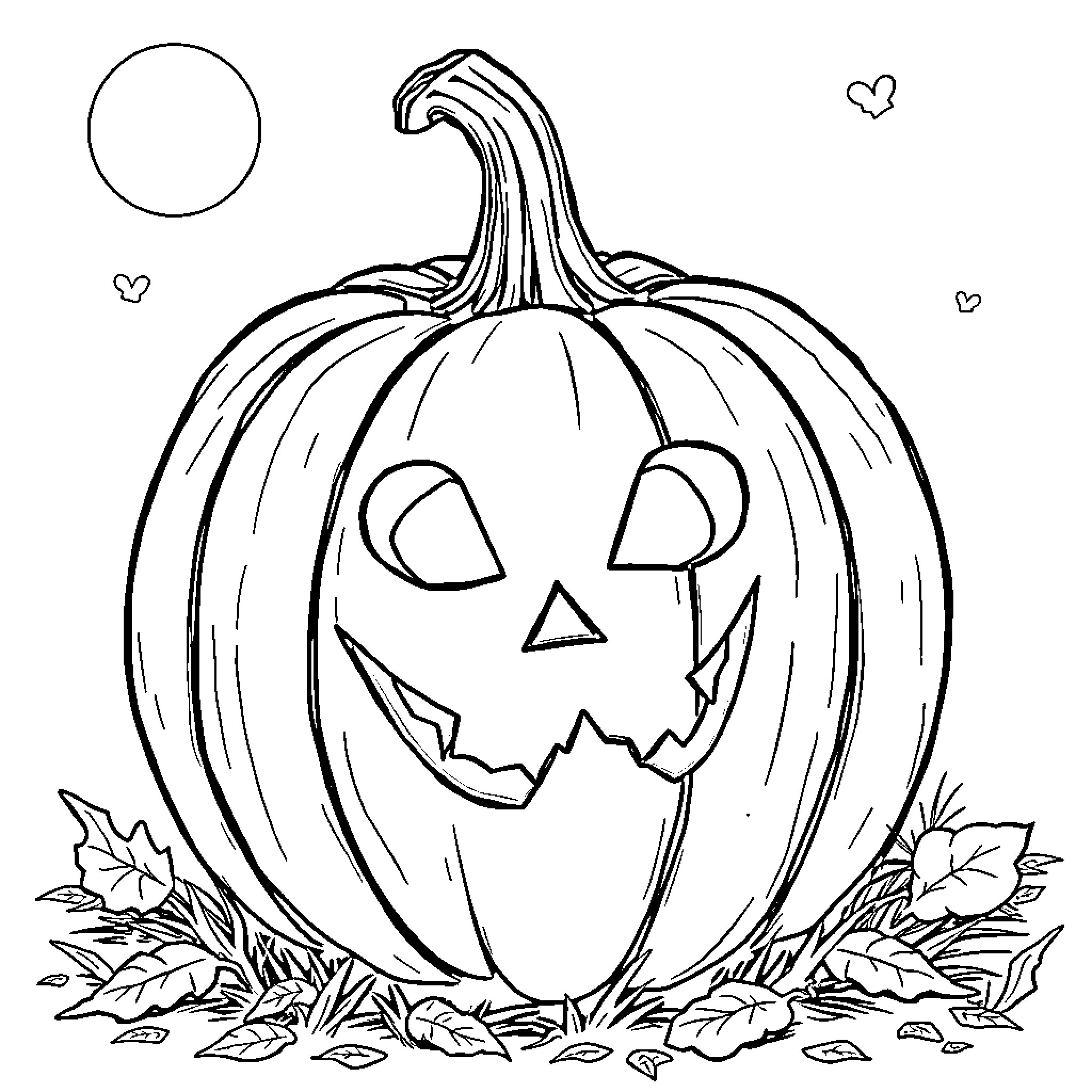 Pumpkin with a carved jack-o-lantern face Coloring Page (free black-and-white line drawing printable PDF for all, from beginners to advanced learners, including children, teens, adults, and seniors)