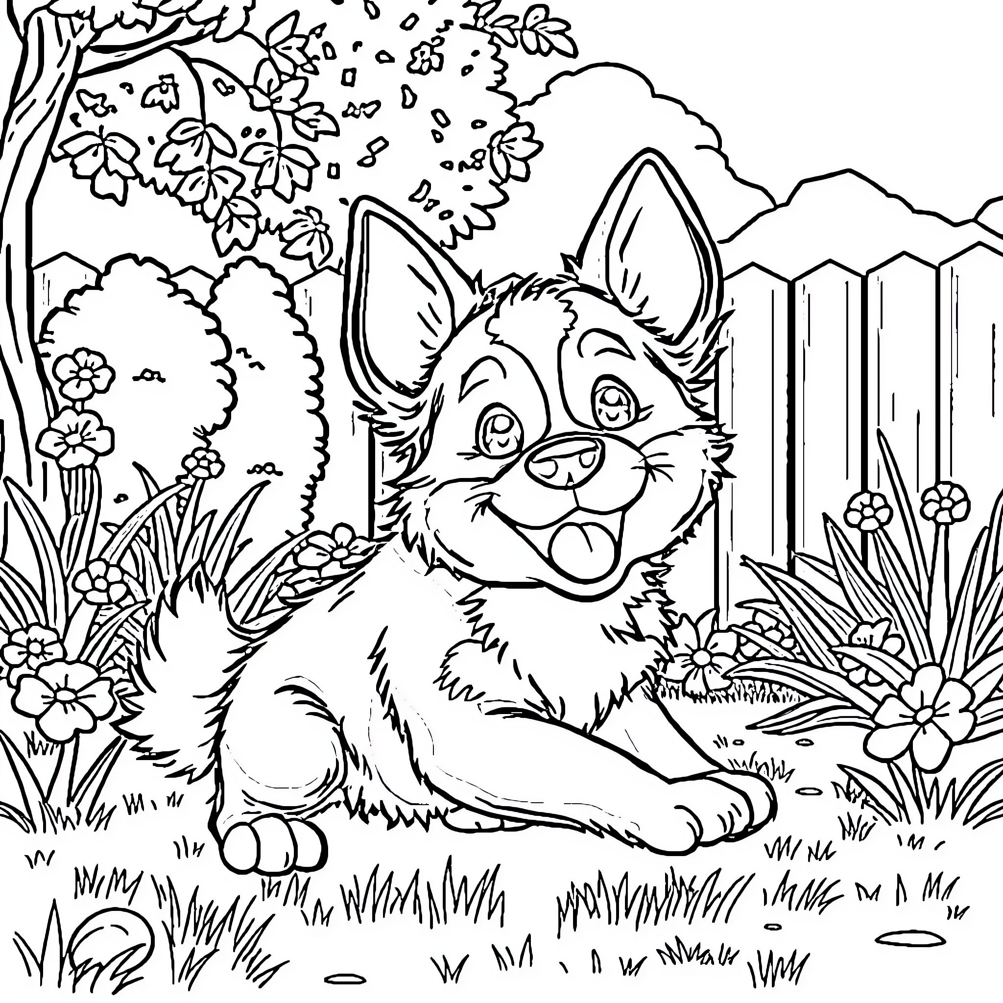 Bluey exploring the garden Coloring Page (free black-and-white line drawing printable PDF for all, from beginners to advanced learners, including children, teens, adults, and seniors)