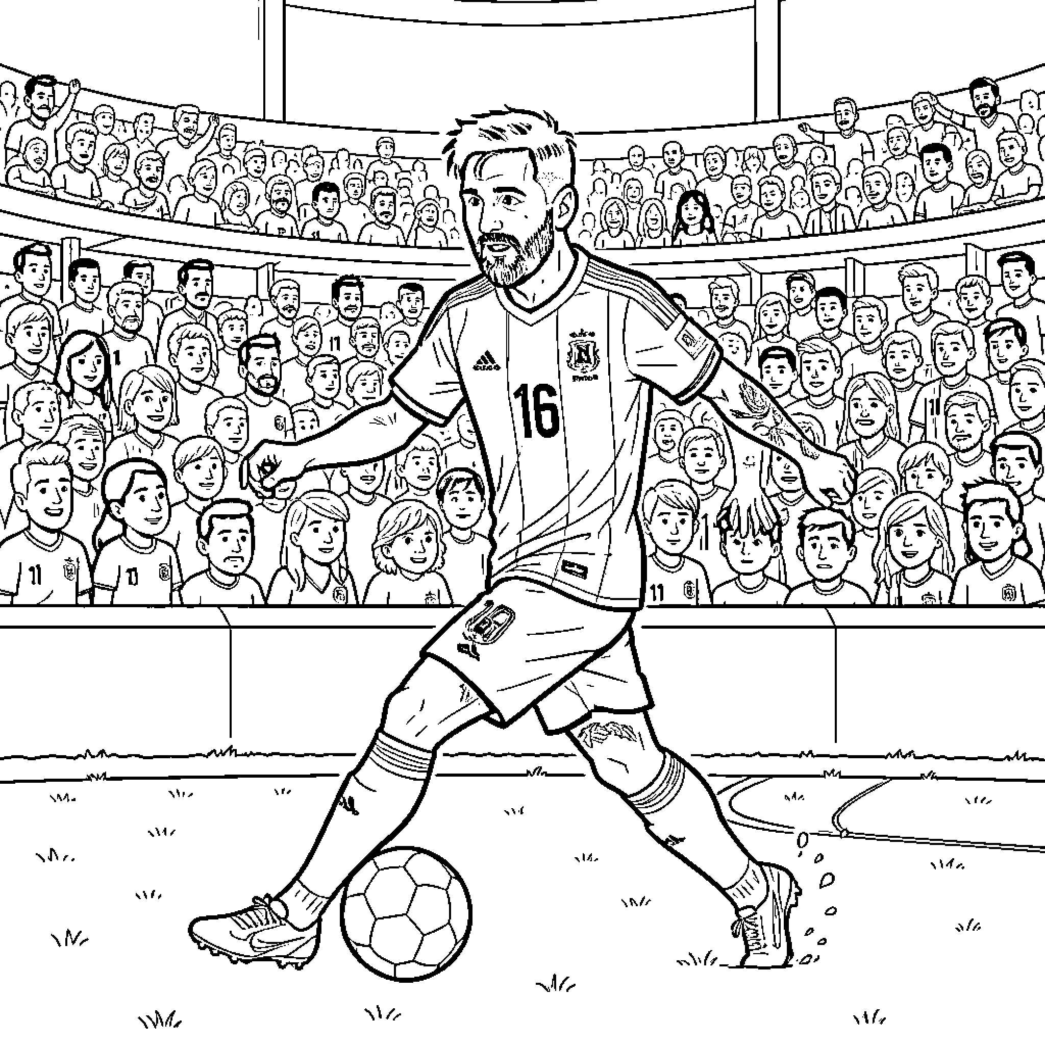 Lionel Messi dribbling a soccer ball in a stadium Coloring Page (free black-and-white line drawing printable PDF for all, from beginners to advanced learners, including children, teens, adults, and seniors)