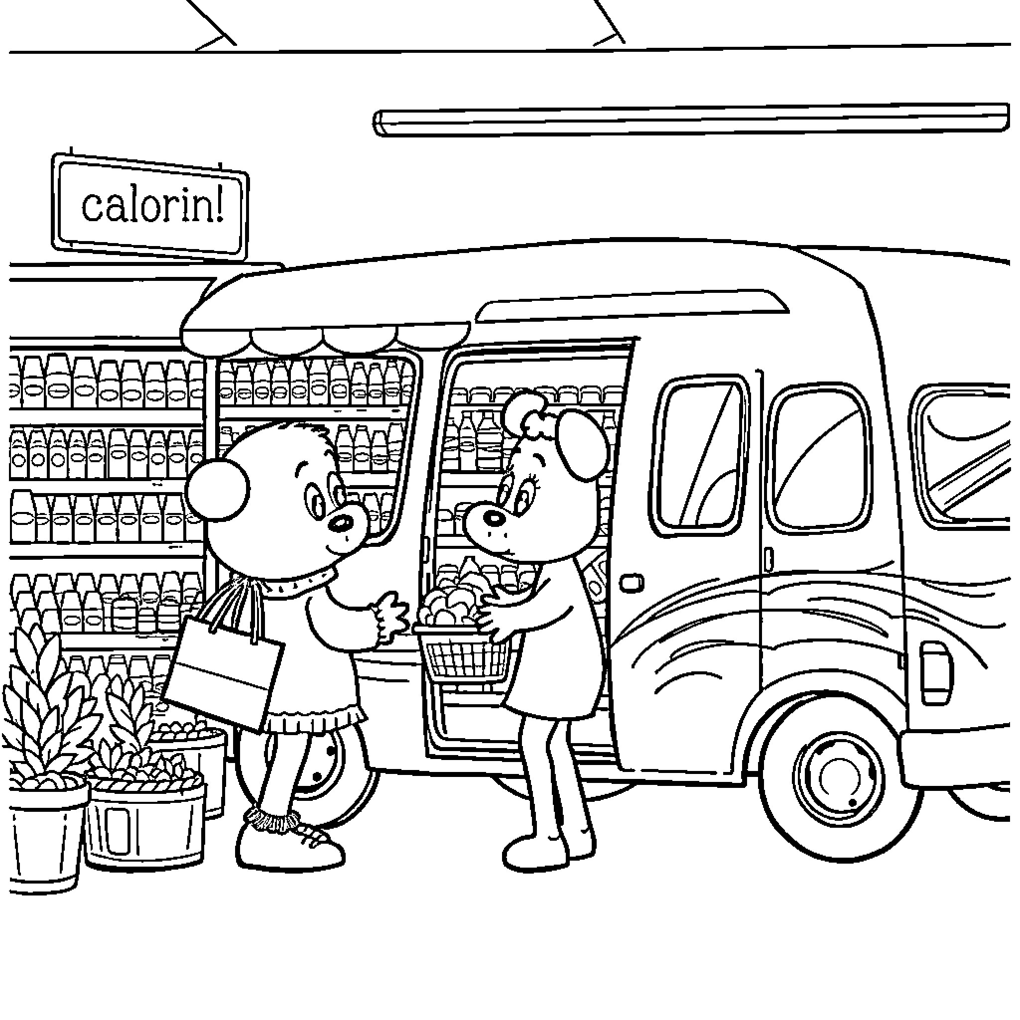 Bluey's Grocery Adventure Coloring Page (free black-and-white line drawing printable PDF for all, from beginners to advanced learners, including children, teens, adults, and seniors)
