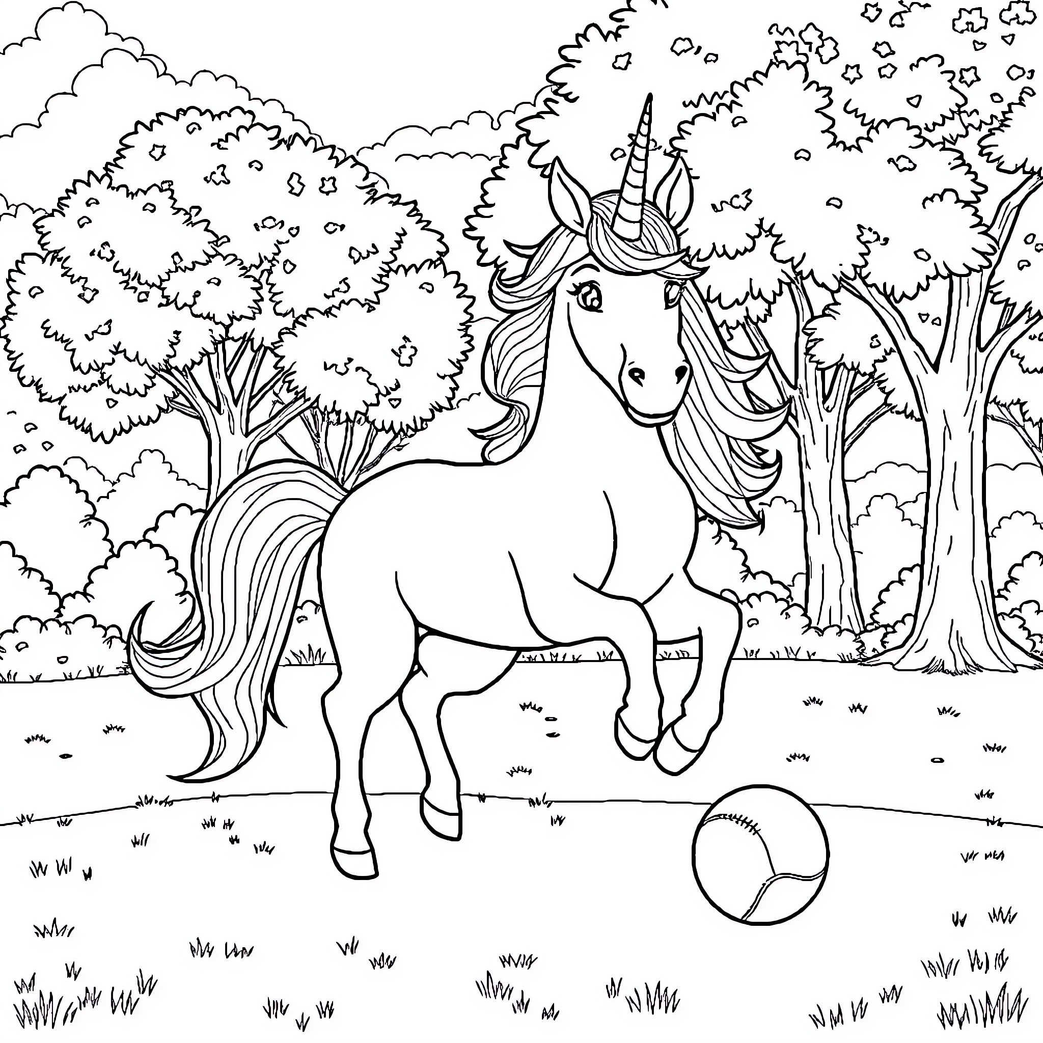 Unicorn frolicking in a magical forest Coloring Page (free black-and-white line drawing printable PDF for all, from beginners to advanced learners, including children, teens, adults, and seniors)