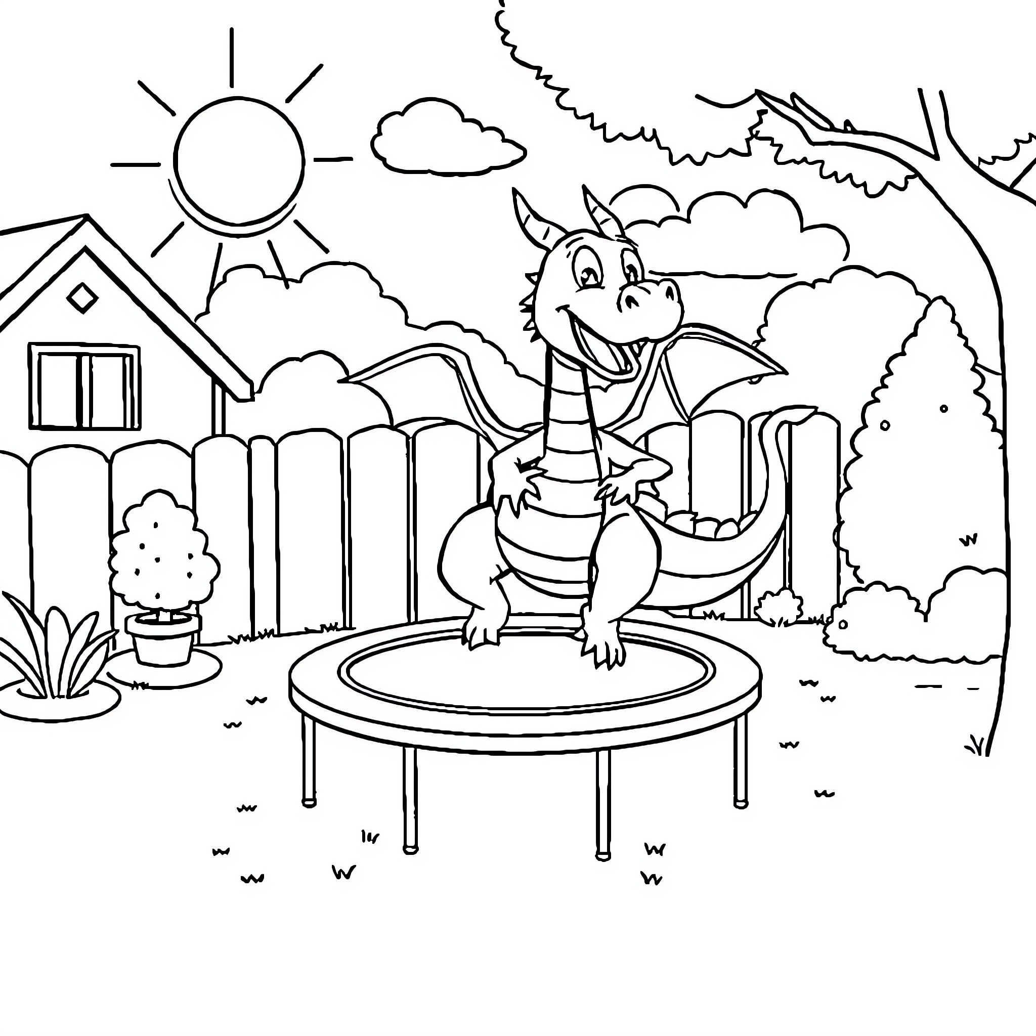 Dragon playfully performing on a trampoline Coloring Page (free black-and-white line drawing printable PDF for all, from beginners to advanced learners, including children, teens, adults, and seniors)