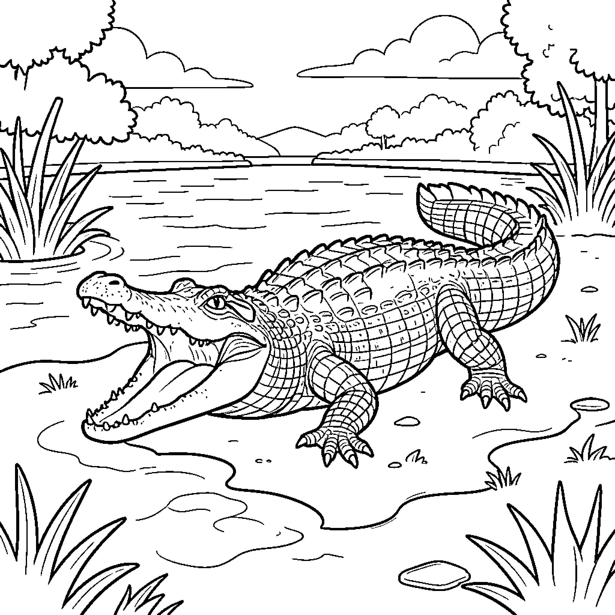 Crocodile opening its mouth wide by the river Coloring Page (free black-and-white line drawing printable PDF for all, from beginners to advanced learners, including children, teens, adults, and seniors)