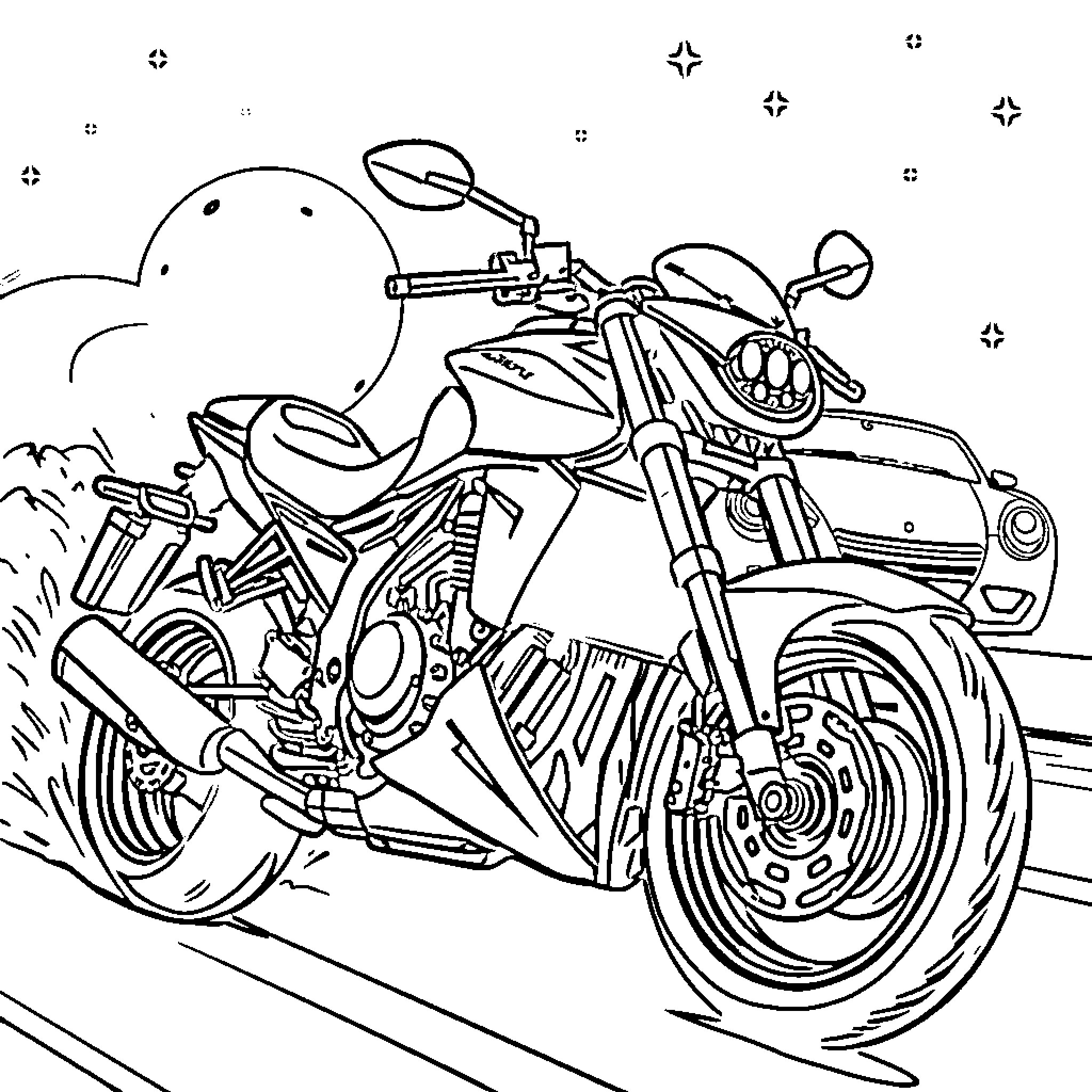 Motorcycle on the open road with stars Coloring Page (free black-and-white line drawing printable PDF for all, from beginners to advanced learners, including children, teens, adults, and seniors)