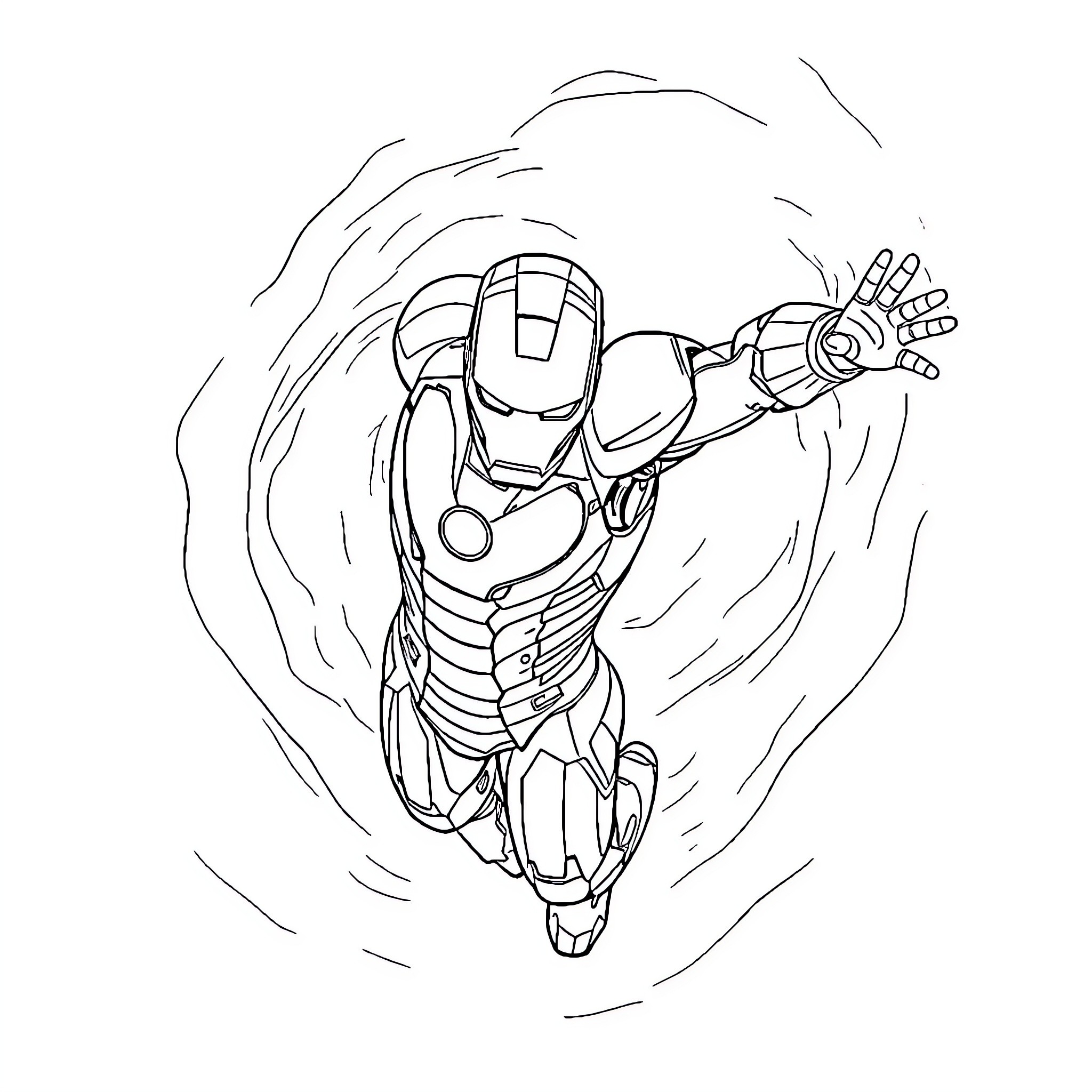 Iron Man soaring through the air in action Coloring Page (free black-and-white line drawing printable PDF for all, from beginners to advanced learners, including children, teens, adults, and seniors)