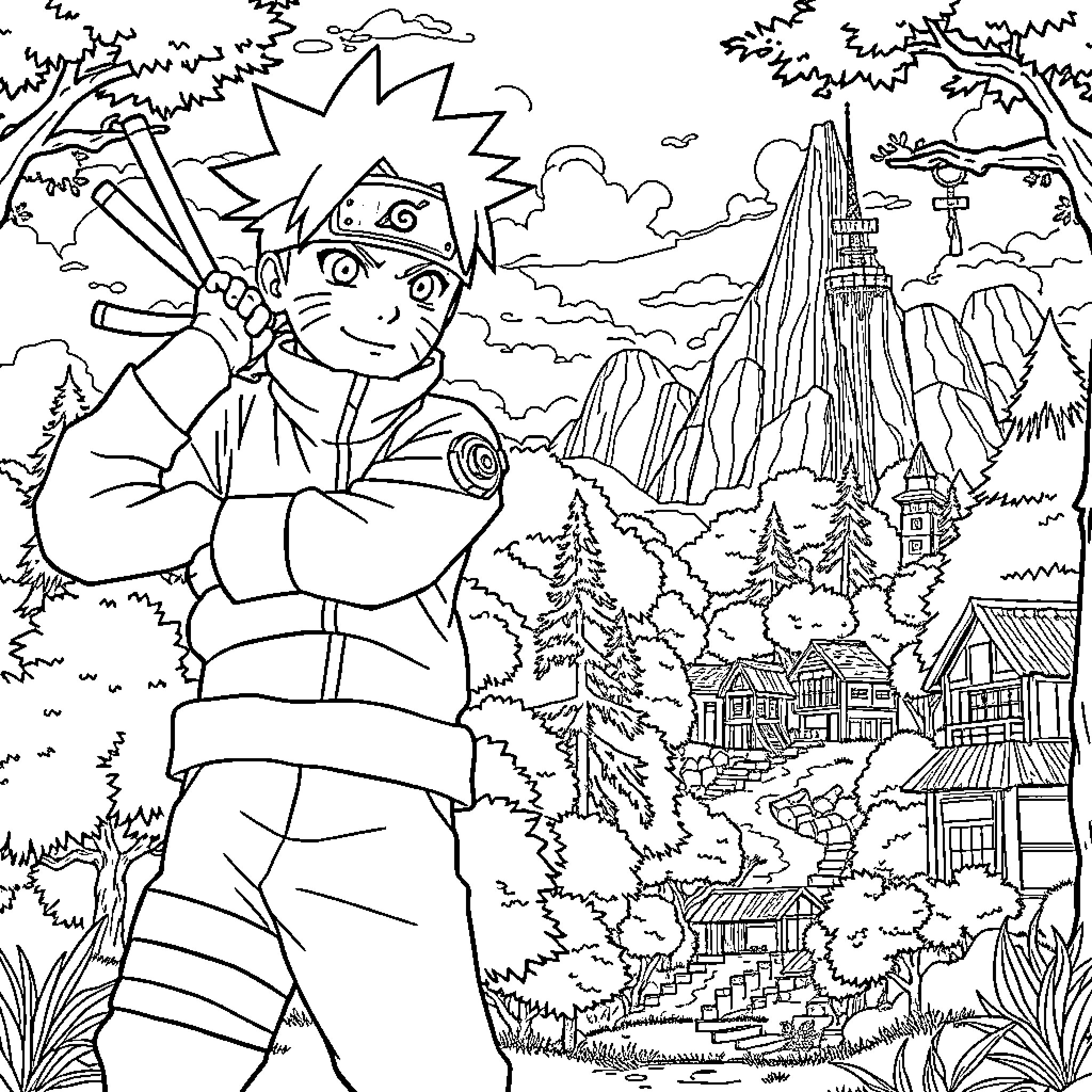 Naruto exploring the enchanting Ninja Realm Coloring Page (free black-and-white line drawing printable PDF for all, from beginners to advanced learners, including children, teens, adults, and seniors)