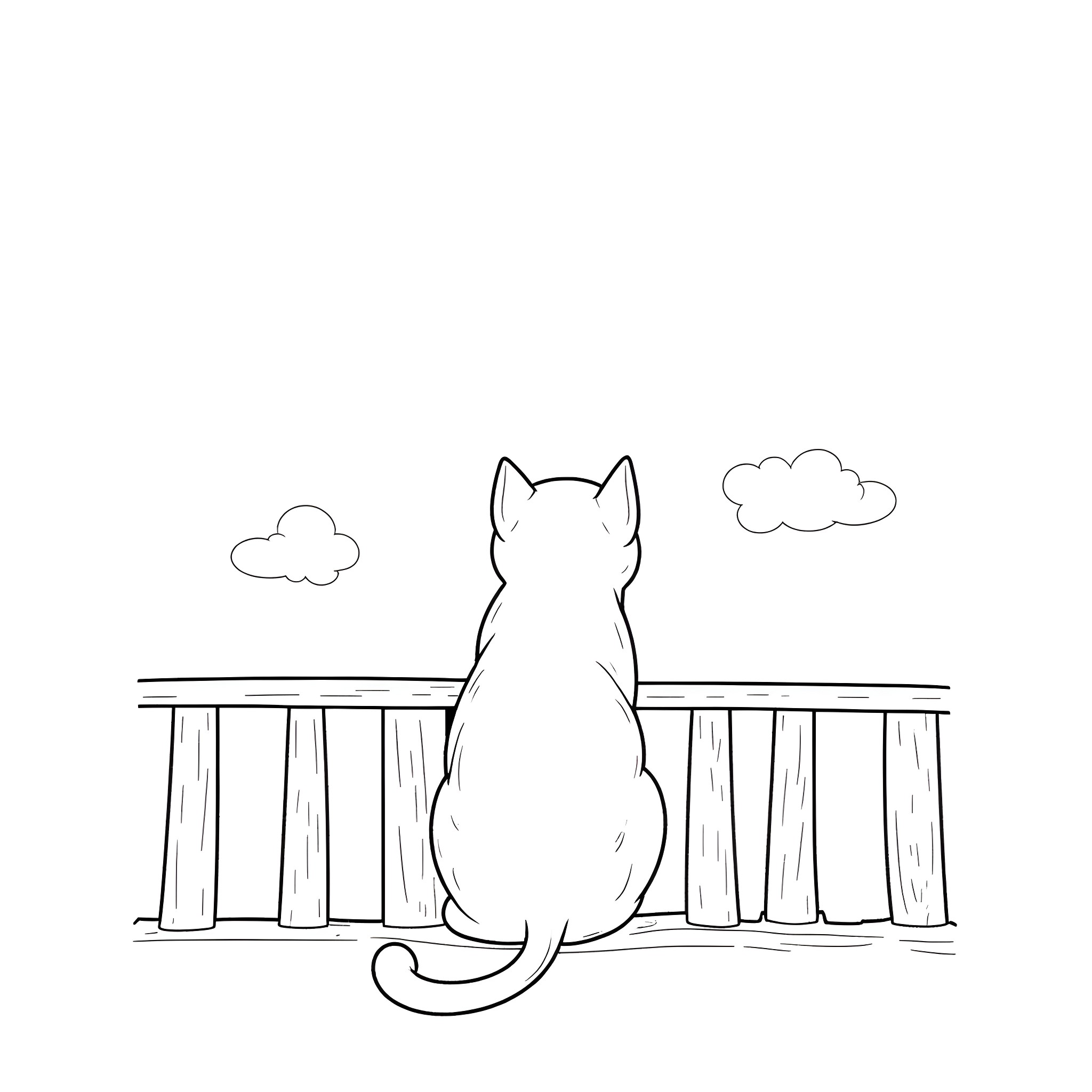 Cat gazing at the clouds on the balcony Coloring Page (free black-and-white line drawing printable PDF for all, from beginners to advanced learners, including children, teens, adults, and seniors)