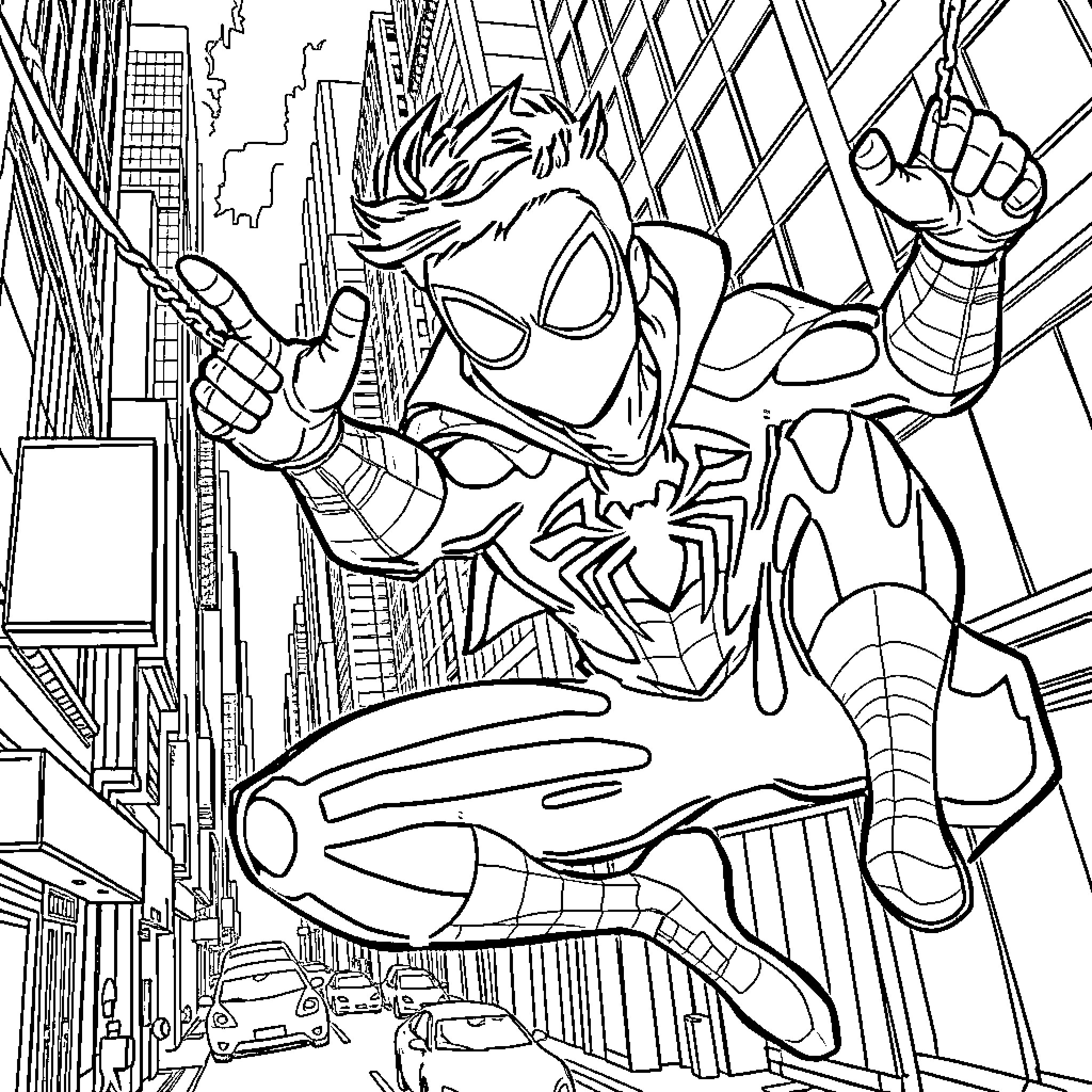 Miles Morales: Swinging Through the City Coloring Page (free black-and-white line drawing printable PDF for all, from beginners to advanced learners, including children, teens, adults, and seniors)