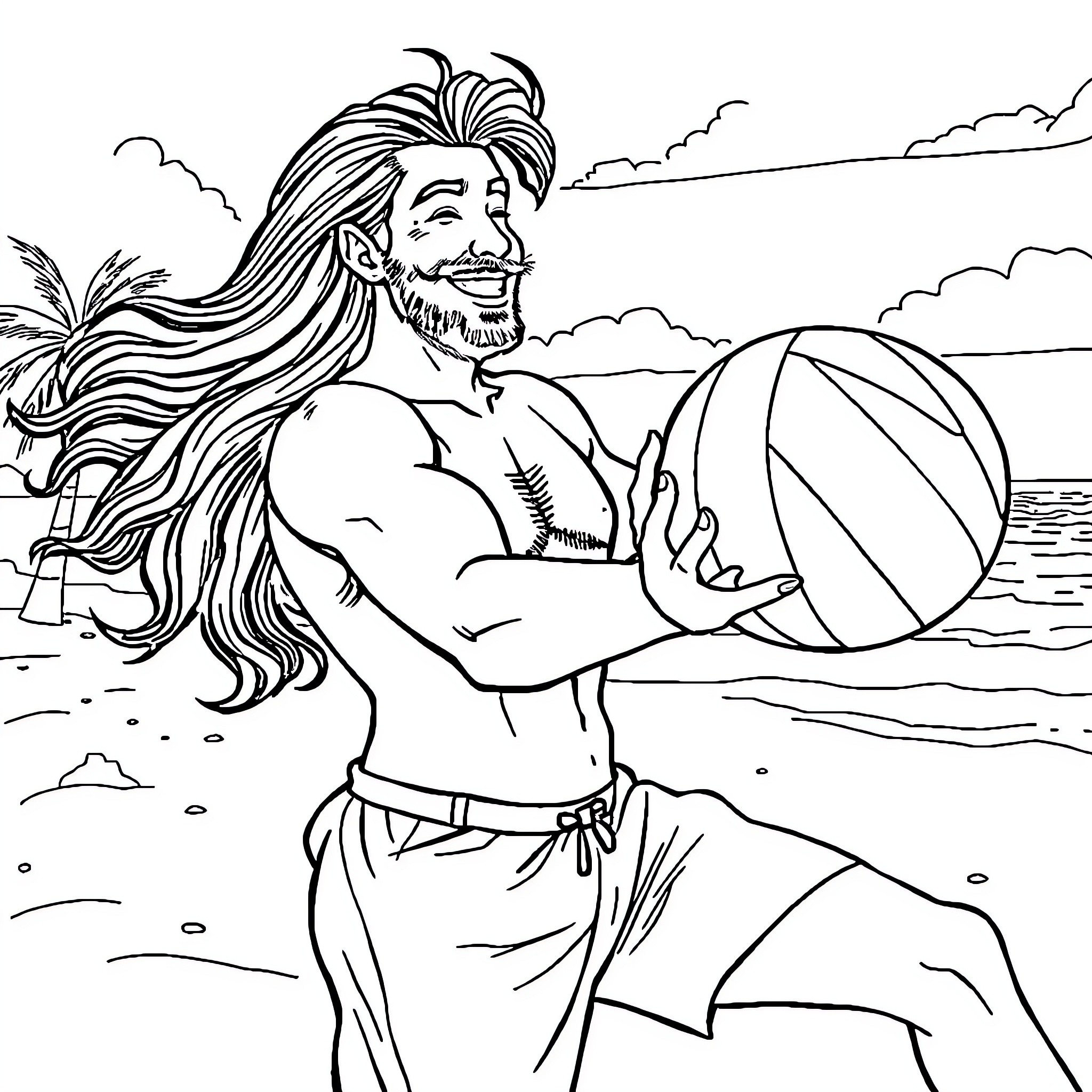 Rumi playing on the beach with a beach ball Coloring Page (free black-and-white line drawing printable PDF for all, from beginners to advanced learners, including children, teens, adults, and seniors)