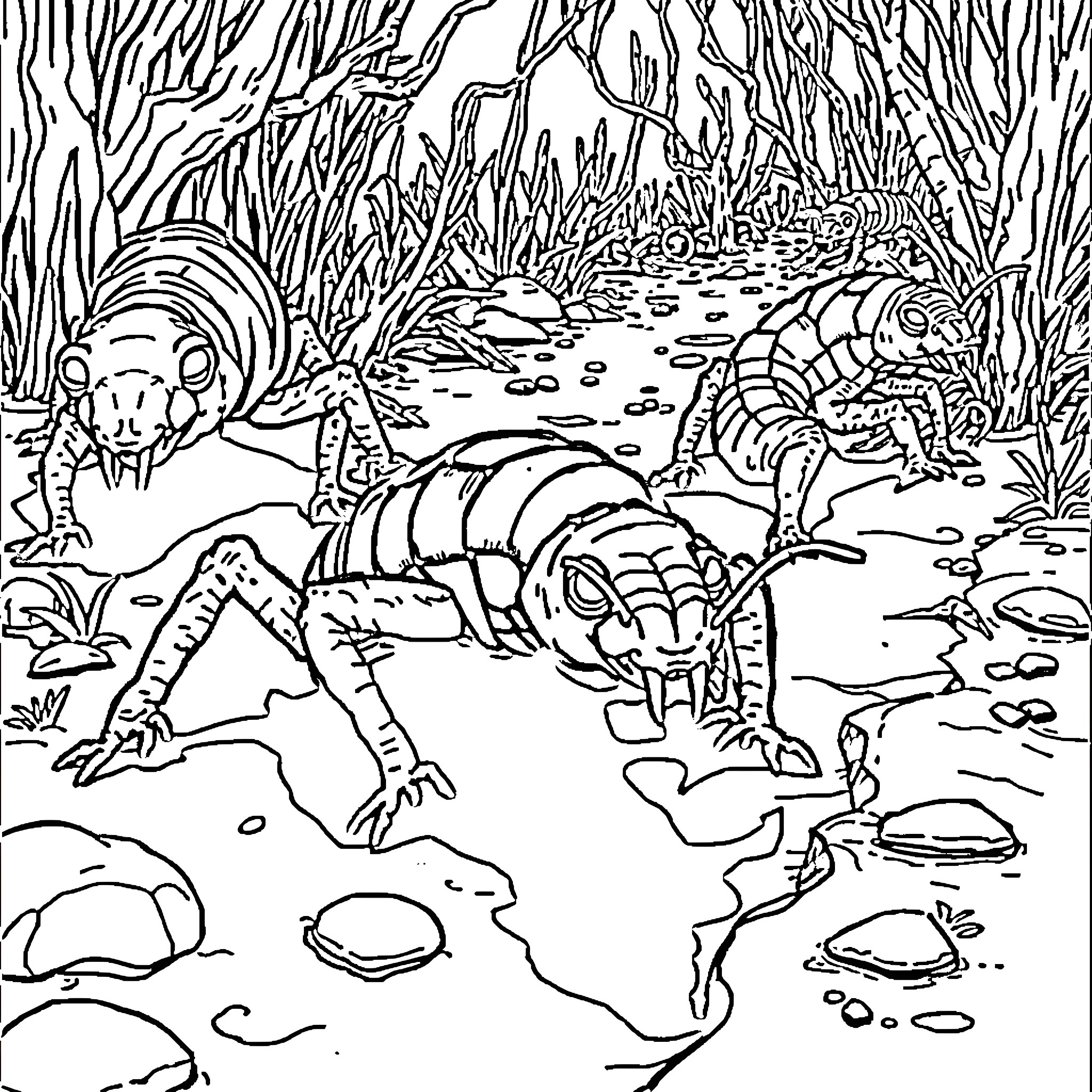 Animal exploring mysterious underwater world Coloring Page (free black-and-white line drawing printable PDF for all, from beginners to advanced learners, including children, teens, adults, and seniors)
