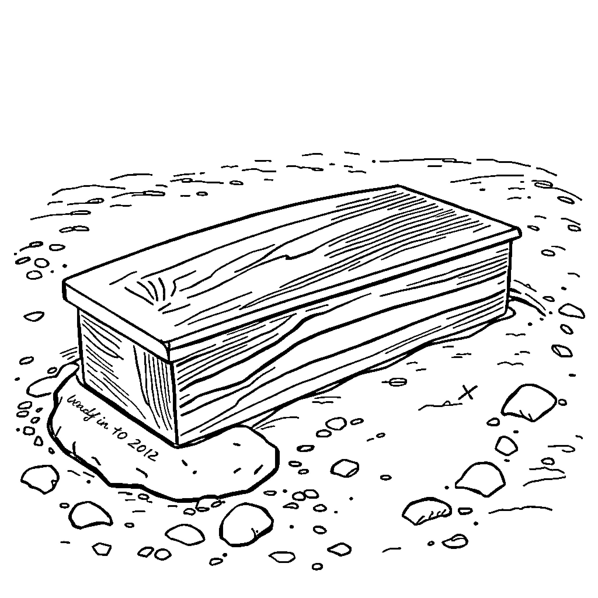 Coffin resting on the ground in a snowy landscape Coloring Page (free black-and-white line drawing printable PDF for all, from beginners to advanced learners, including children, teens, adults, and seniors)
