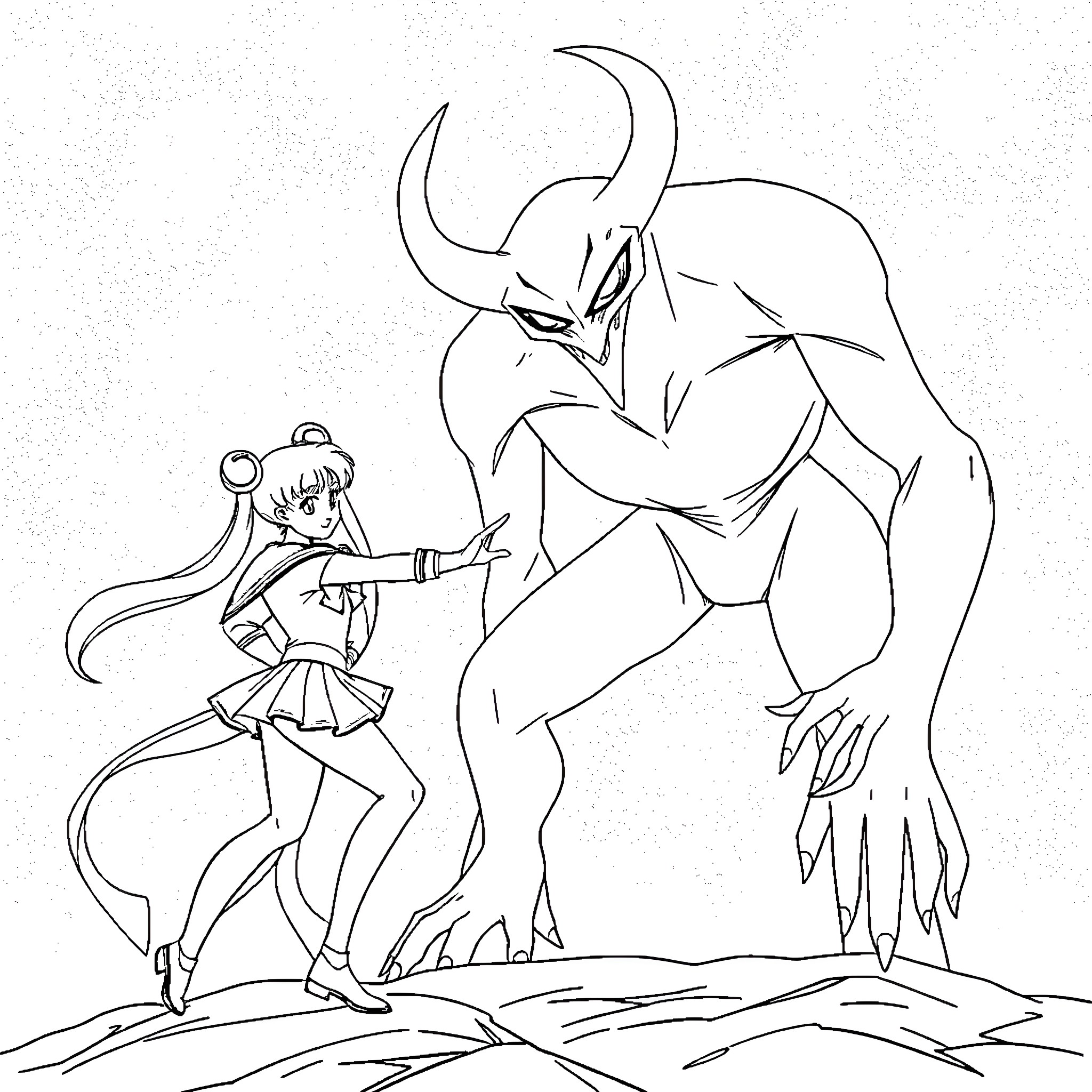 Sailor Moon confronting a monstrous foe Coloring Page (free black-and-white line drawing printable PDF for all, from beginners to advanced learners, including children, teens, adults, and seniors)