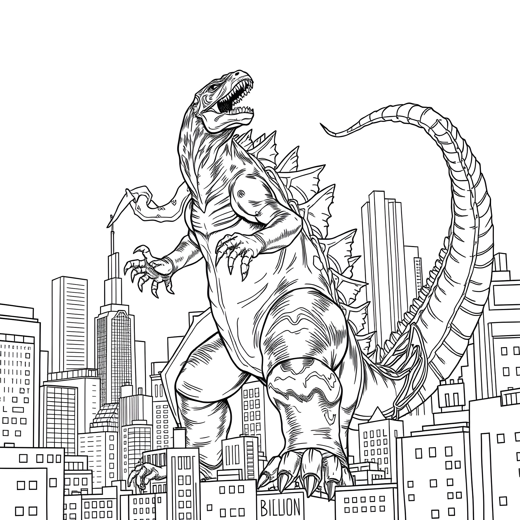 Cthulhu Unleashed: Monstrous Rampage in the City Coloring Page (free black-and-white line drawing printable PDF for all, from beginners to advanced learners, including children, teens, adults, and seniors)