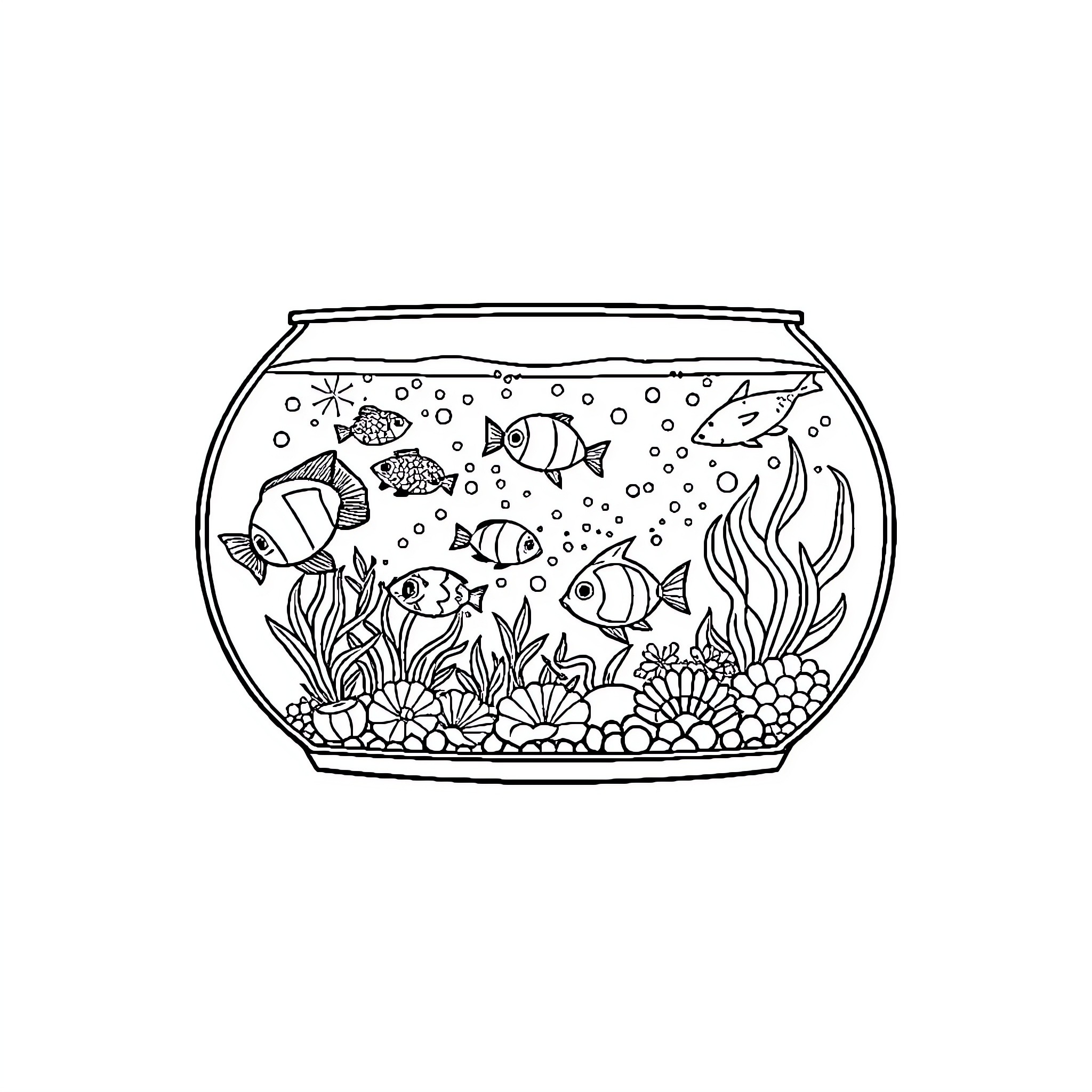 Fish Swimming in Aquarium with Decorations Coloring Page (free black-and-white line drawing printable PDF for all, from beginners to advanced learners, including children, teens, adults, and seniors)