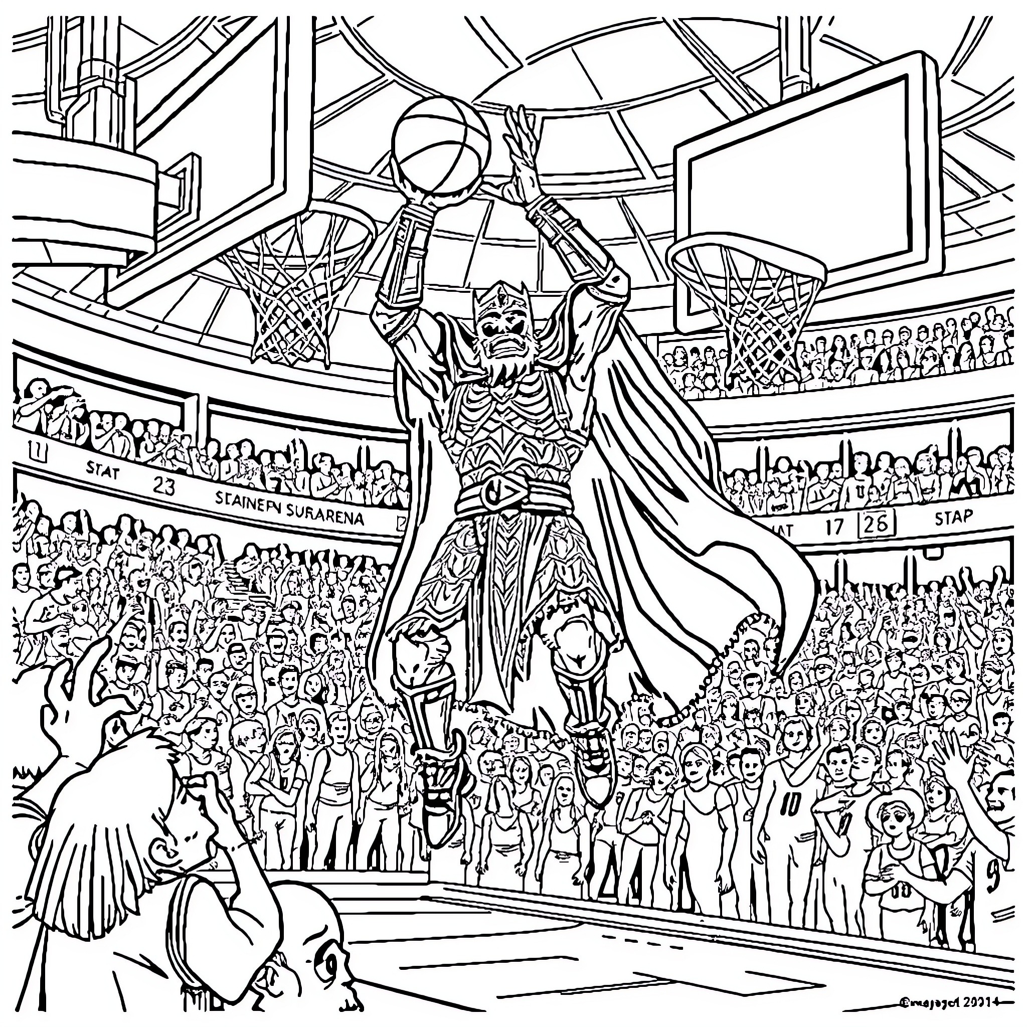 Lich King dominates the basketball court Coloring Page (free black-and-white line drawing printable PDF for all, from beginners to advanced learners, including children, teens, adults, and seniors)