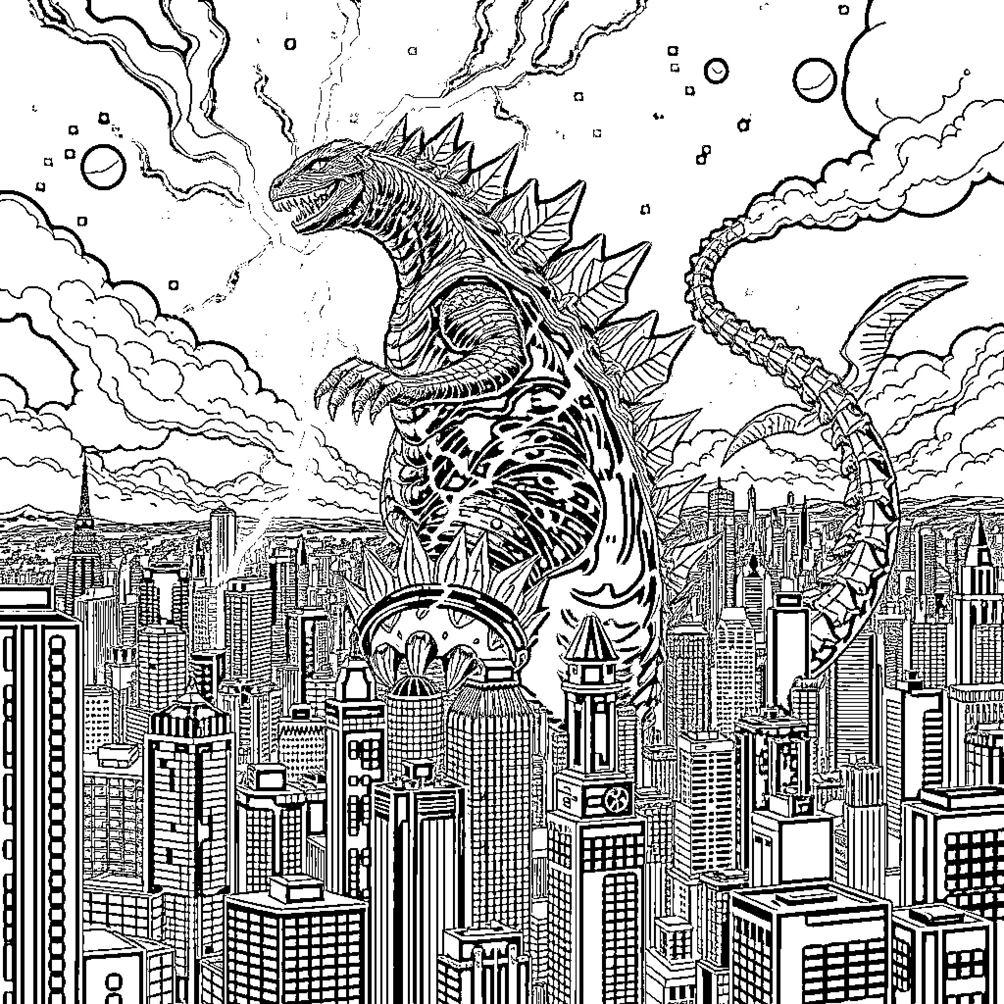 Spacegodzilla unleashing destruction upon the city Coloring Page (free black-and-white line drawing printable PDF for all, from beginners to advanced learners, including children, teens, adults, and seniors)