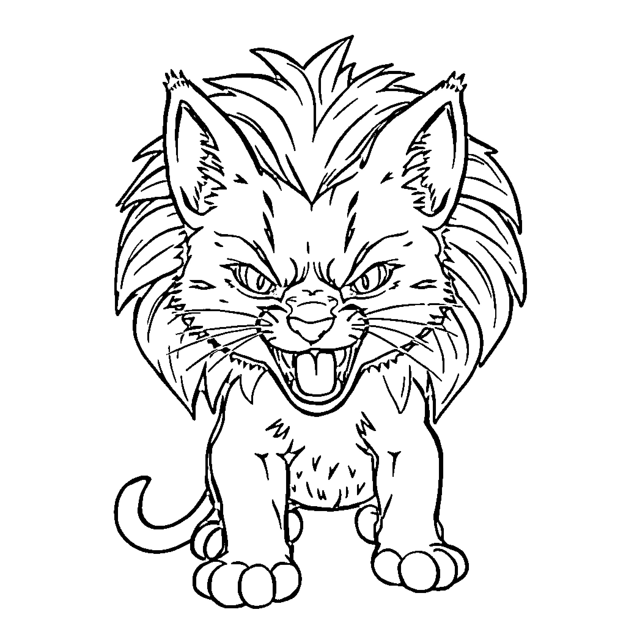 Cat with Fierce Expression and Detailed Fur Coloring Page (free black-and-white line drawing printable PDF for all, from beginners to advanced learners, including children, teens, adults, and seniors)
