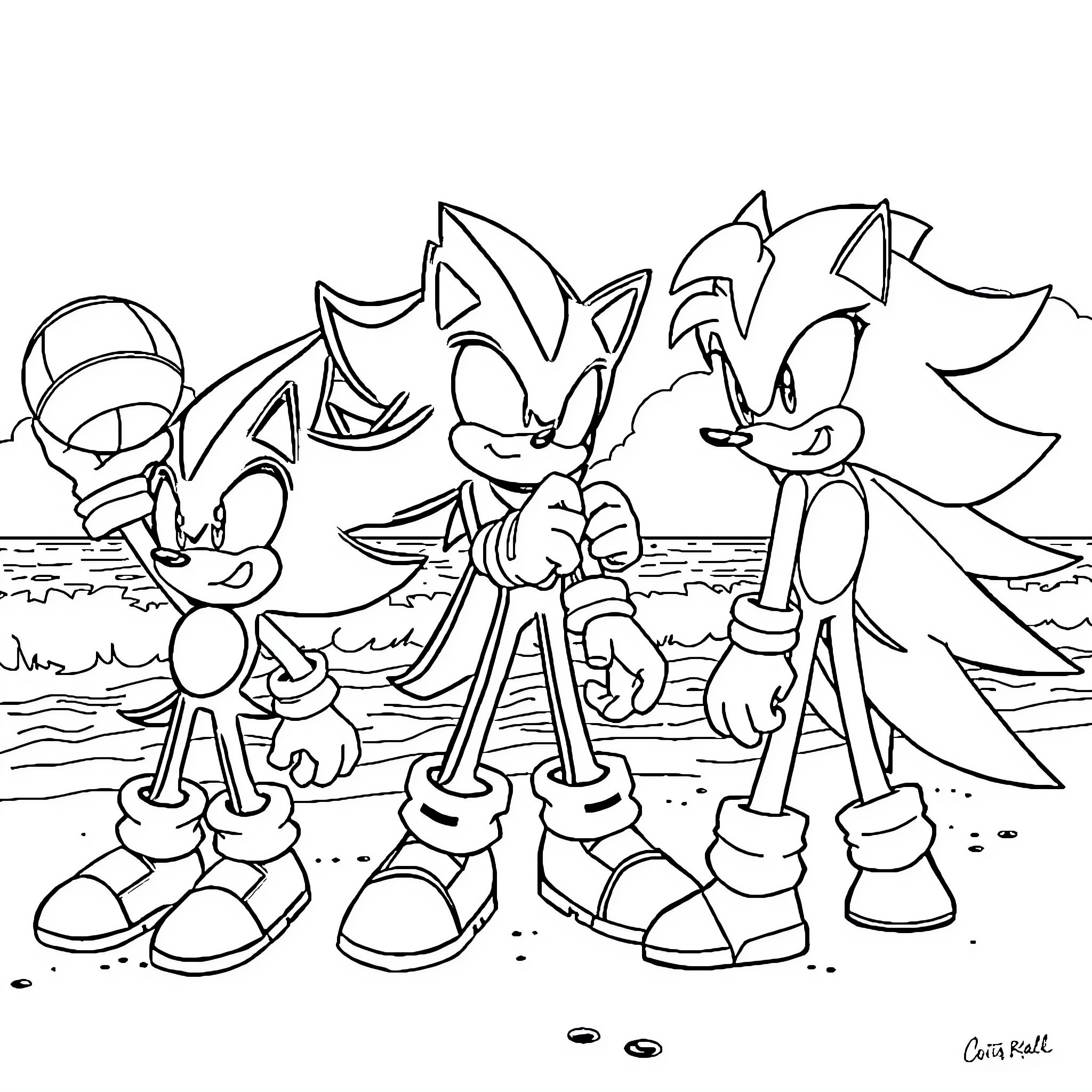 Sonic and Friends in Action-Packed Adventure Coloring Page (free black-and-white line drawing printable PDF for all, from beginners to advanced learners, including children, teens, adults, and seniors)