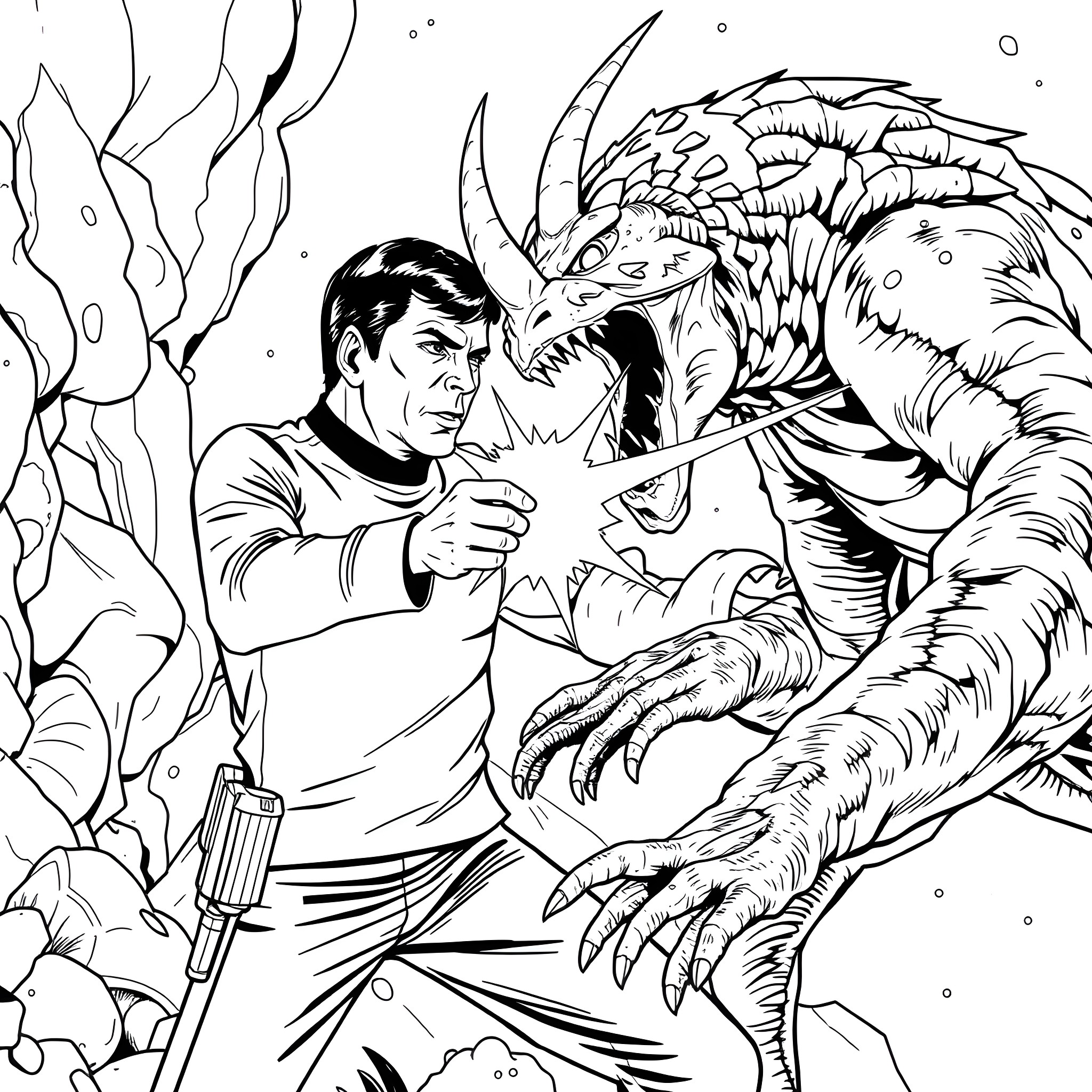Captain Kirk battles a fearsome alien creature in space Coloring Page (free black-and-white line drawing printable PDF for all, from beginners to advanced learners, including children, teens, adults, and seniors)