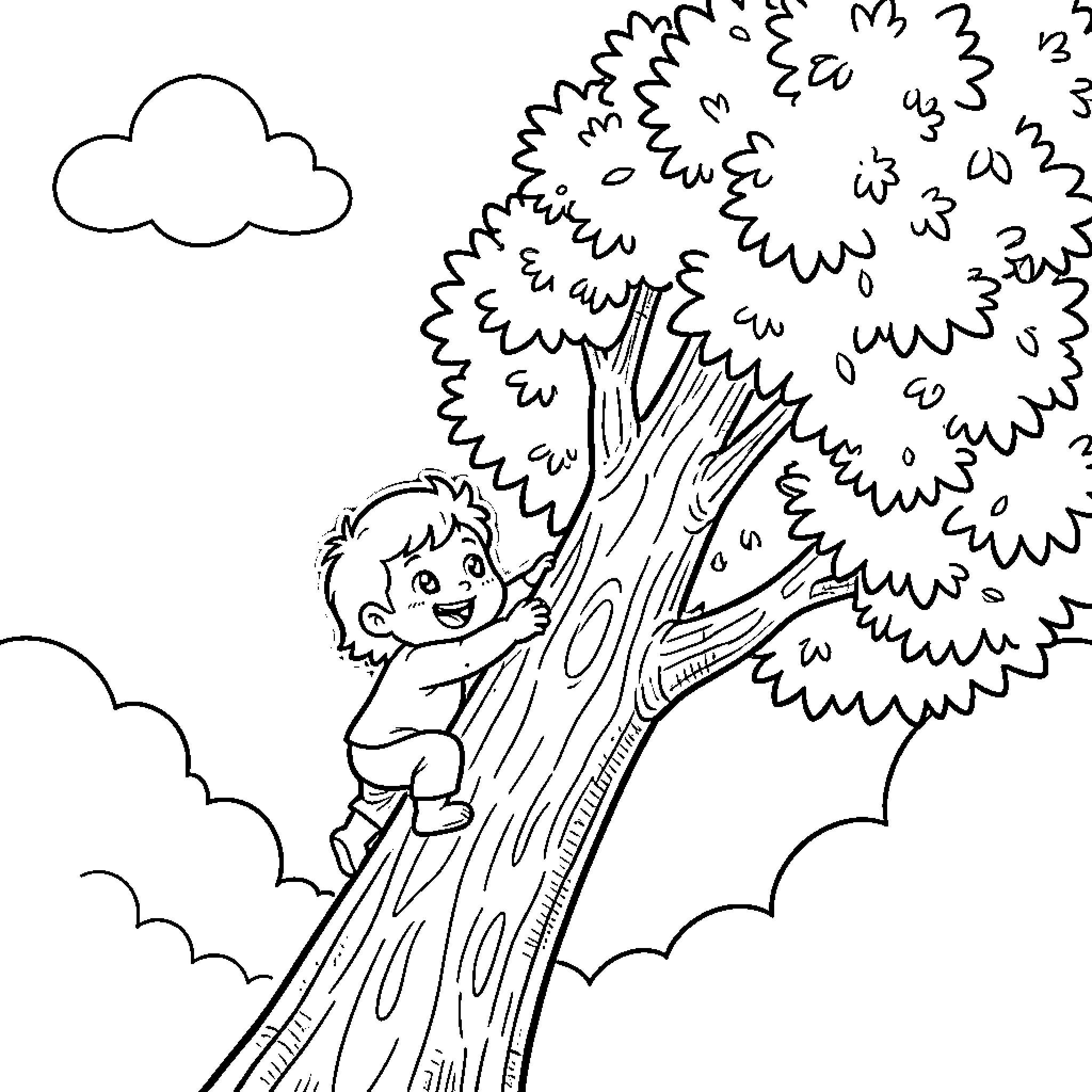 Bing Boy climbing up a tree Coloring Page (free black-and-white line drawing printable PDF for all, from beginners to advanced learners, including children, teens, adults, and seniors)