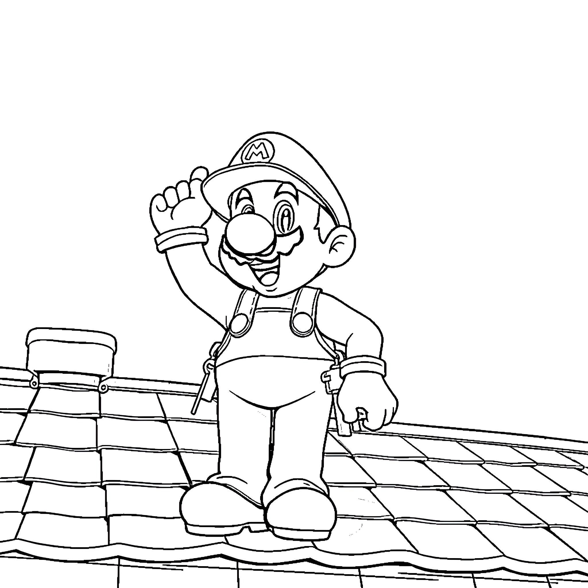 Mario cheerfully exploring a tiled landscape Coloring Page (free black-and-white line drawing printable PDF for all, from beginners to advanced learners, including children, teens, adults, and seniors)