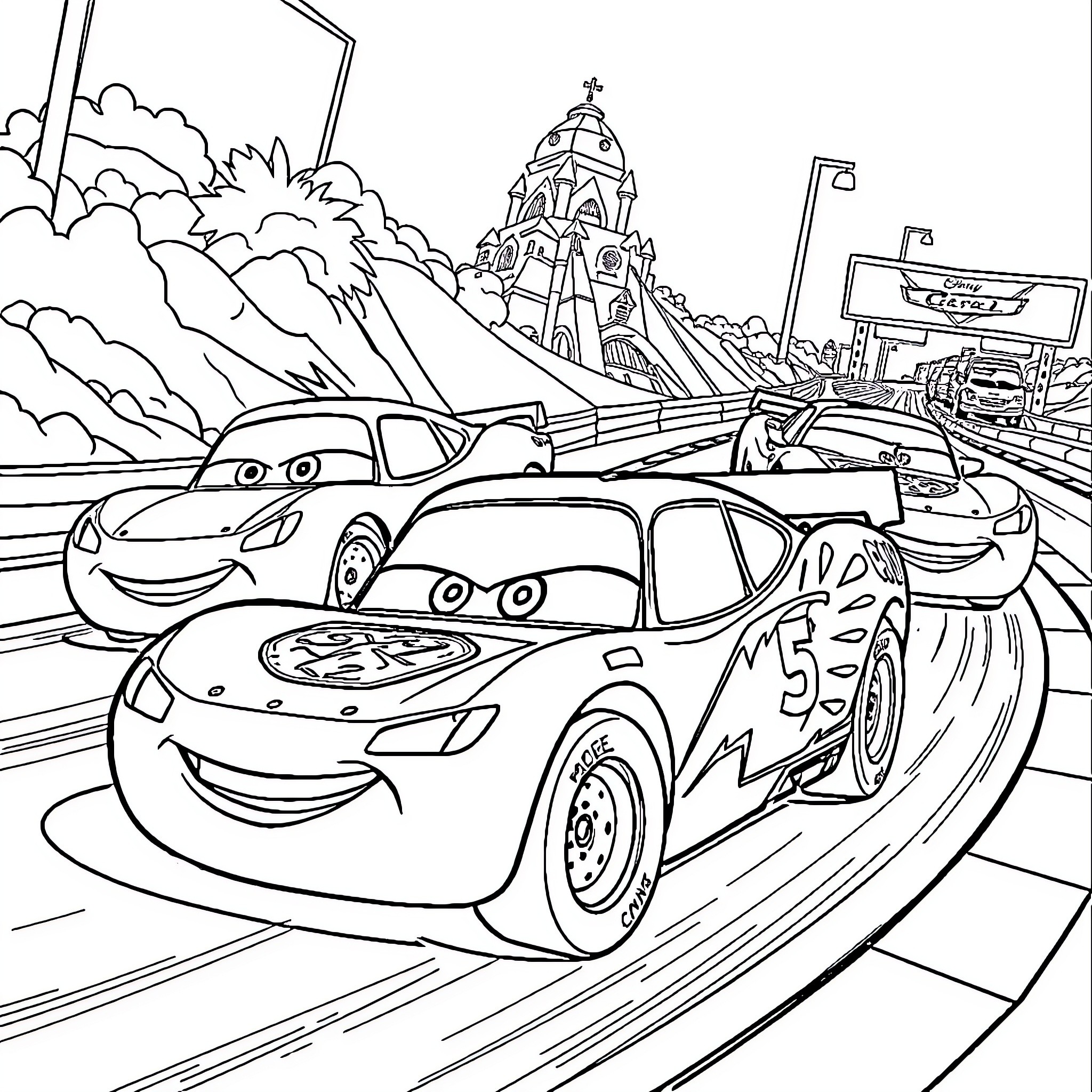 Cars racing on a winding track in a stylized city Coloring Page (free black-and-white line drawing printable PDF for all, from beginners to advanced learners, including children, teens, adults, and seniors)
