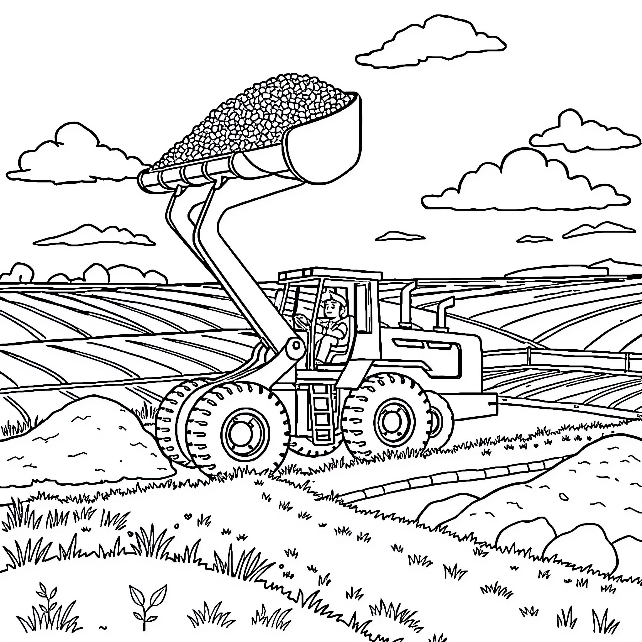Loader Transporting Cargo Across Farmland Landscape Coloring Page (free black-and-white line drawing printable PDF for all, from beginners to advanced learners, including children, teens, adults, and seniors)