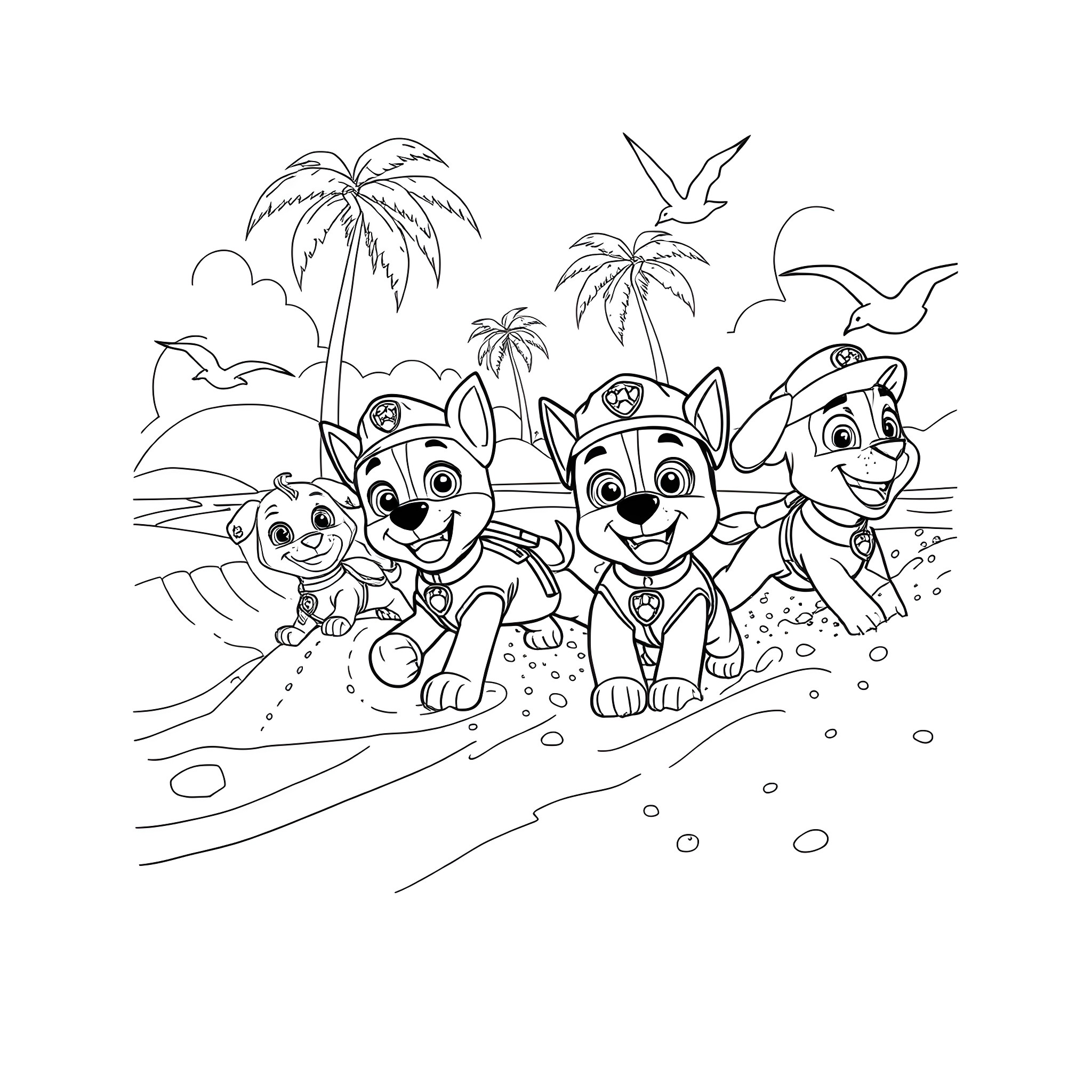 Paw Patrol Pups on a Tropical Beach Adventure Coloring Page (free black-and-white line drawing printable PDF for all, from beginners to advanced learners, including children, teens, adults, and seniors)