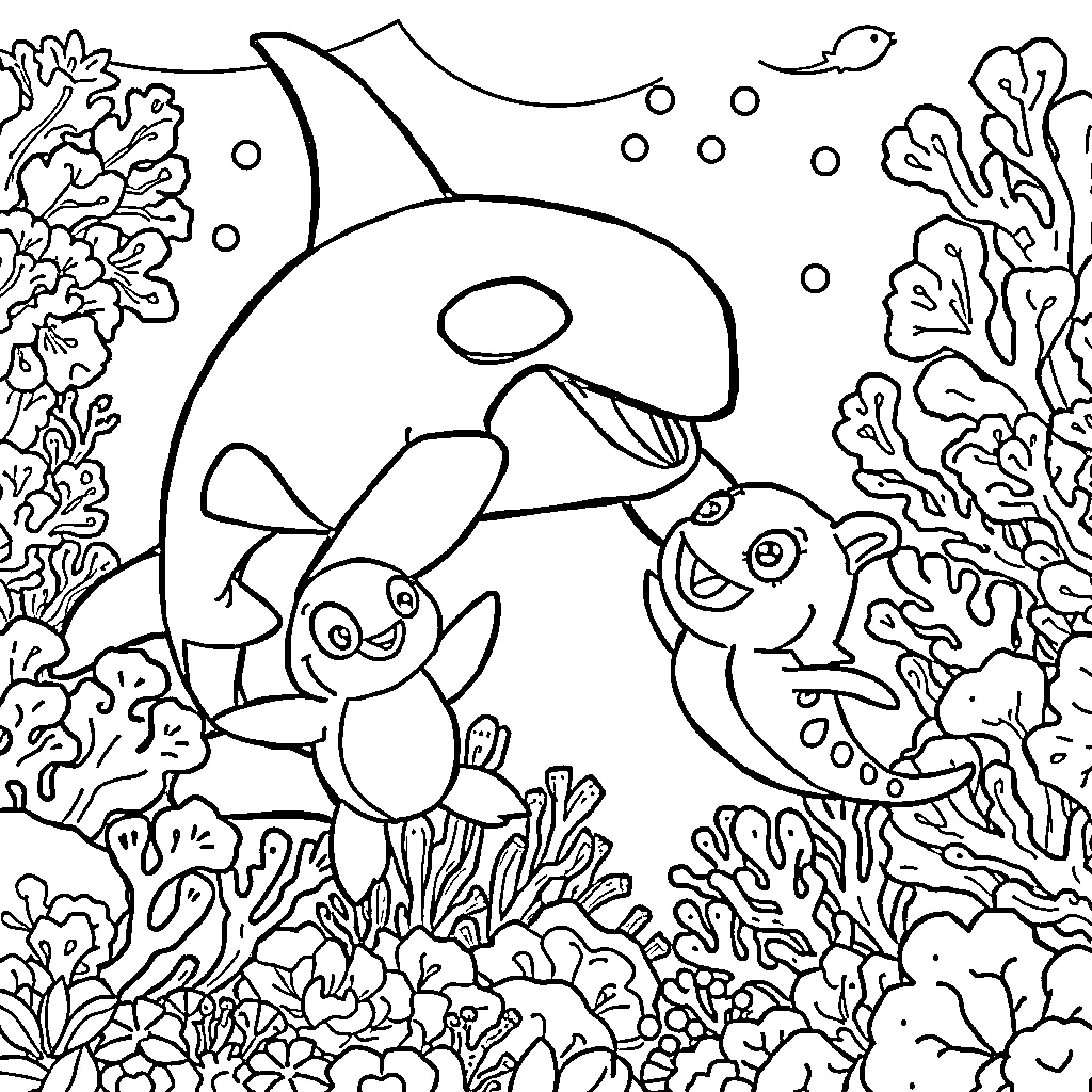 Orca and Colorful Sea Creatures in the Ocean Coloring Page (free black-and-white line drawing printable PDF for all, from beginners to advanced learners, including children, teens, adults, and seniors)