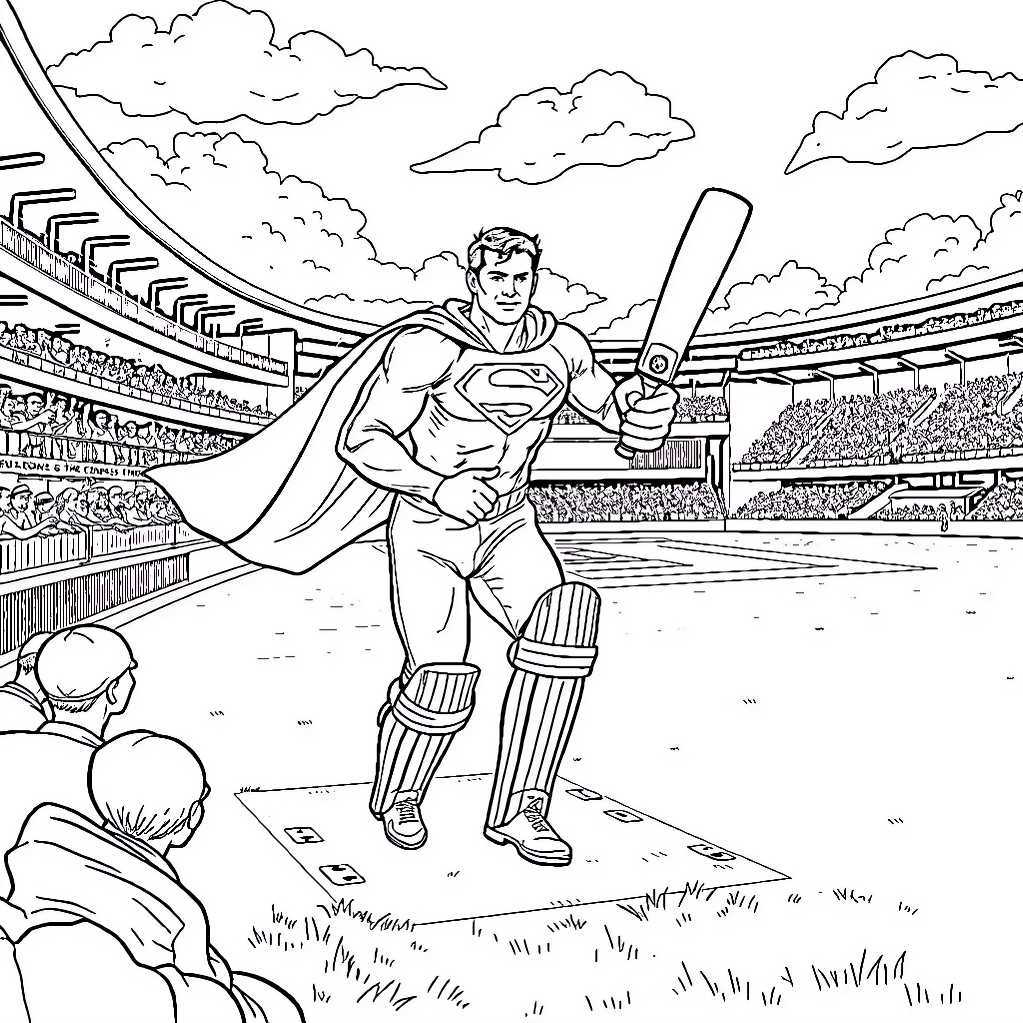 Superman playing cricket in a stadium Coloring Page (free black-and-white line drawing printable PDF for all, from beginners to advanced learners, including children, teens, adults, and seniors)