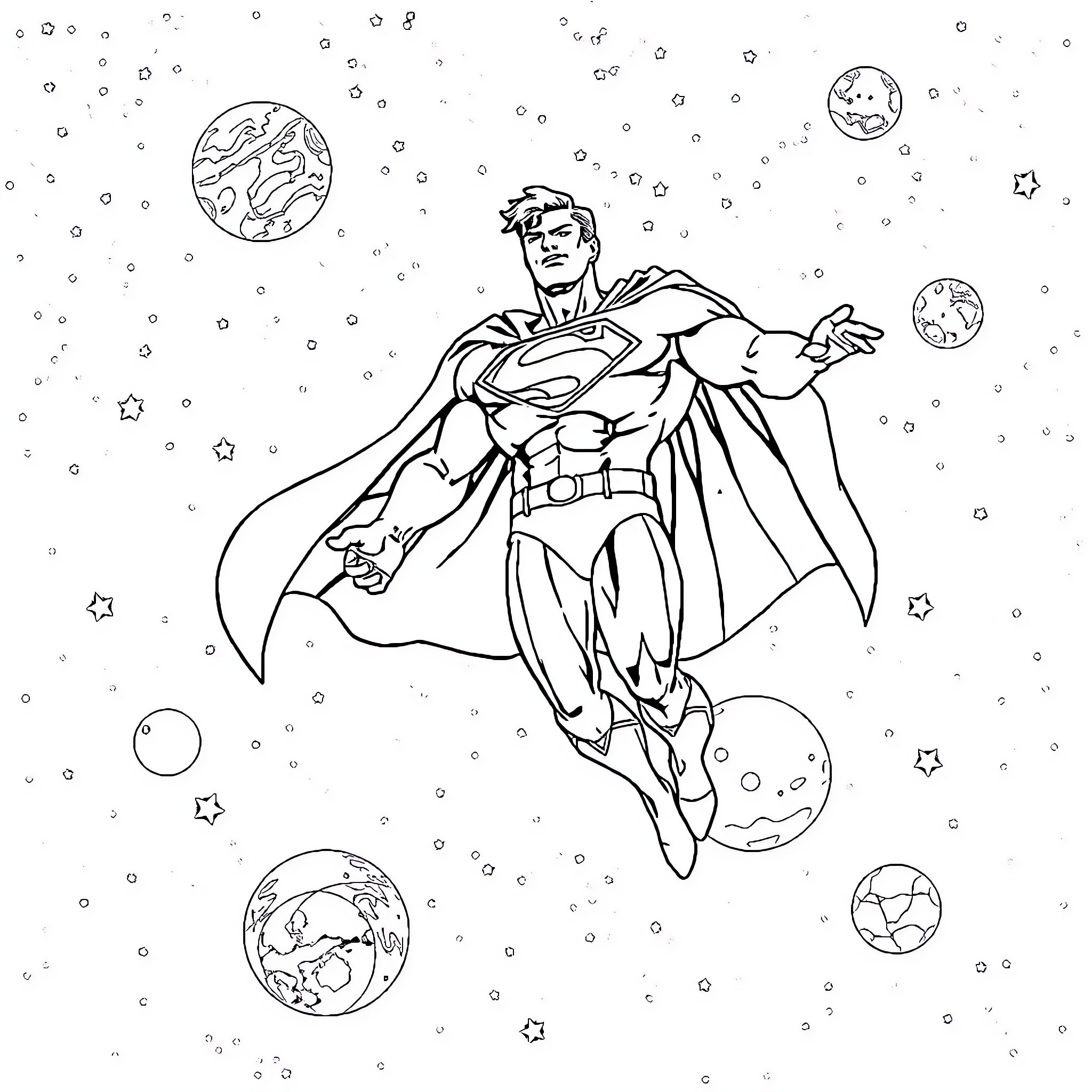 Superman soaring through the cosmic space Coloring Page (free black-and-white line drawing printable PDF for all, from beginners to advanced learners, including children, teens, adults, and seniors)