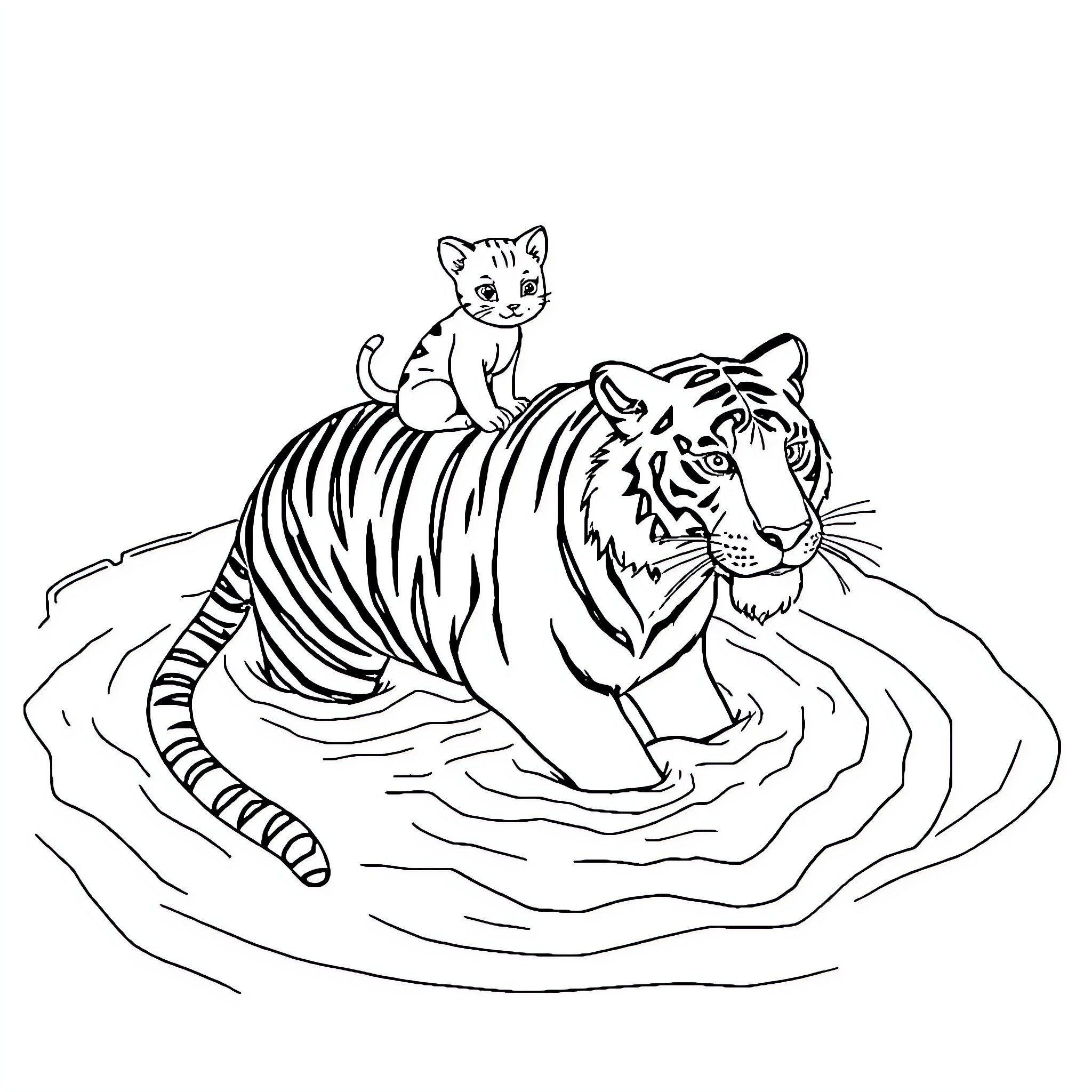 Cat and Tiger in Nature Coloring Page (free black-and-white line drawing printable PDF for all, from beginners to advanced learners, including children, teens, adults, and seniors)