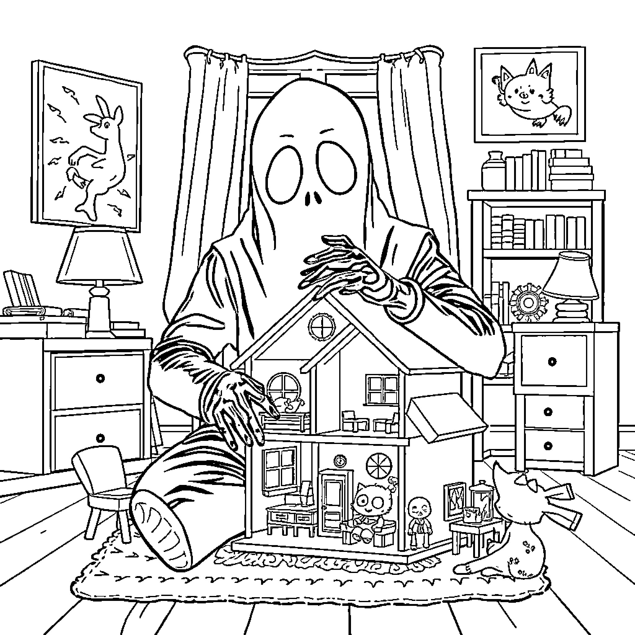 Ghostface assembling a haunted dollhouse in a spooky room Coloring Page (free black-and-white line drawing printable PDF for all, from beginners to advanced learners, including children, teens, adults, and seniors)