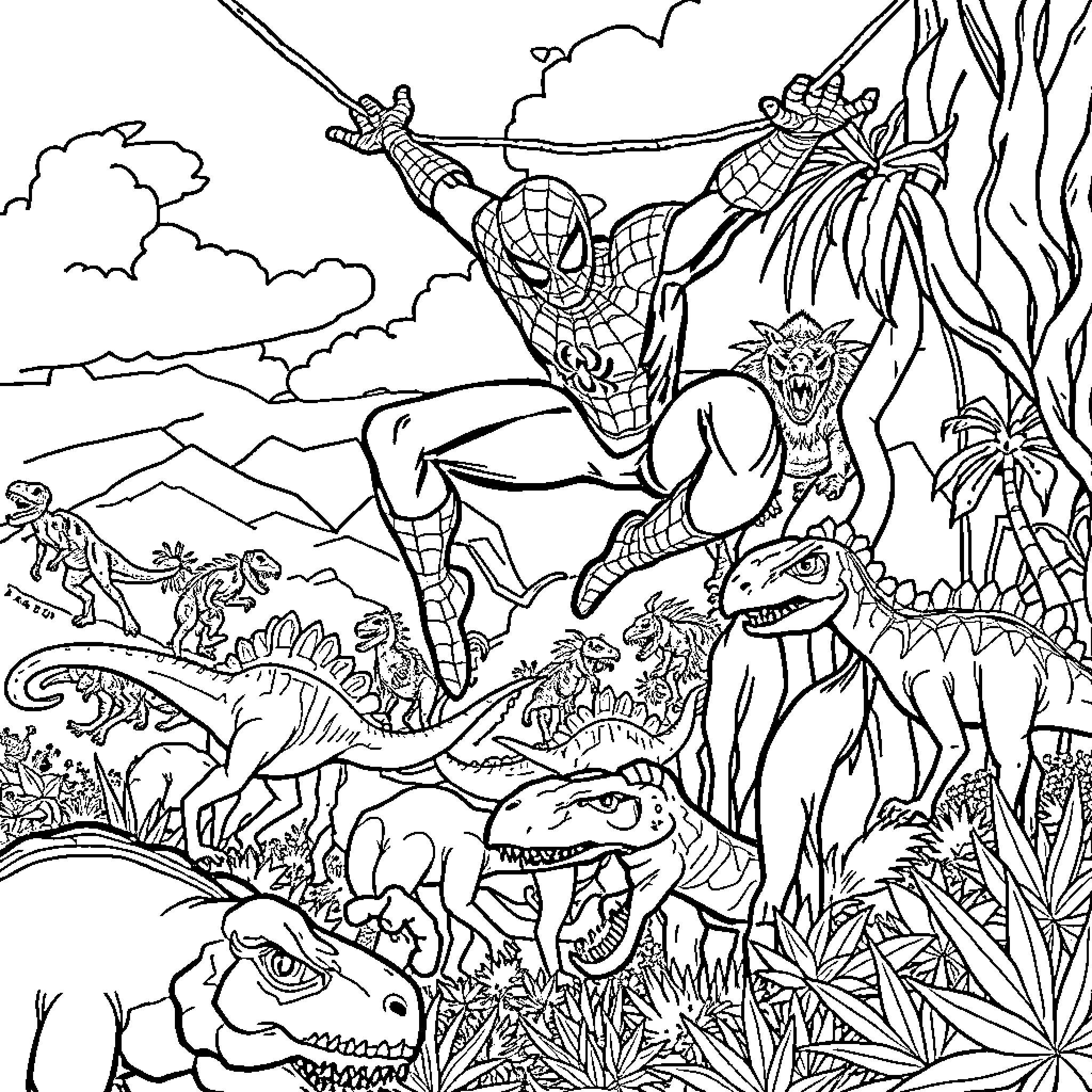 Spiderman swinging through a prehistoric jungle landscape Coloring Page (free black-and-white line drawing printable PDF for all, from beginners to advanced learners, including children, teens, adults, and seniors)