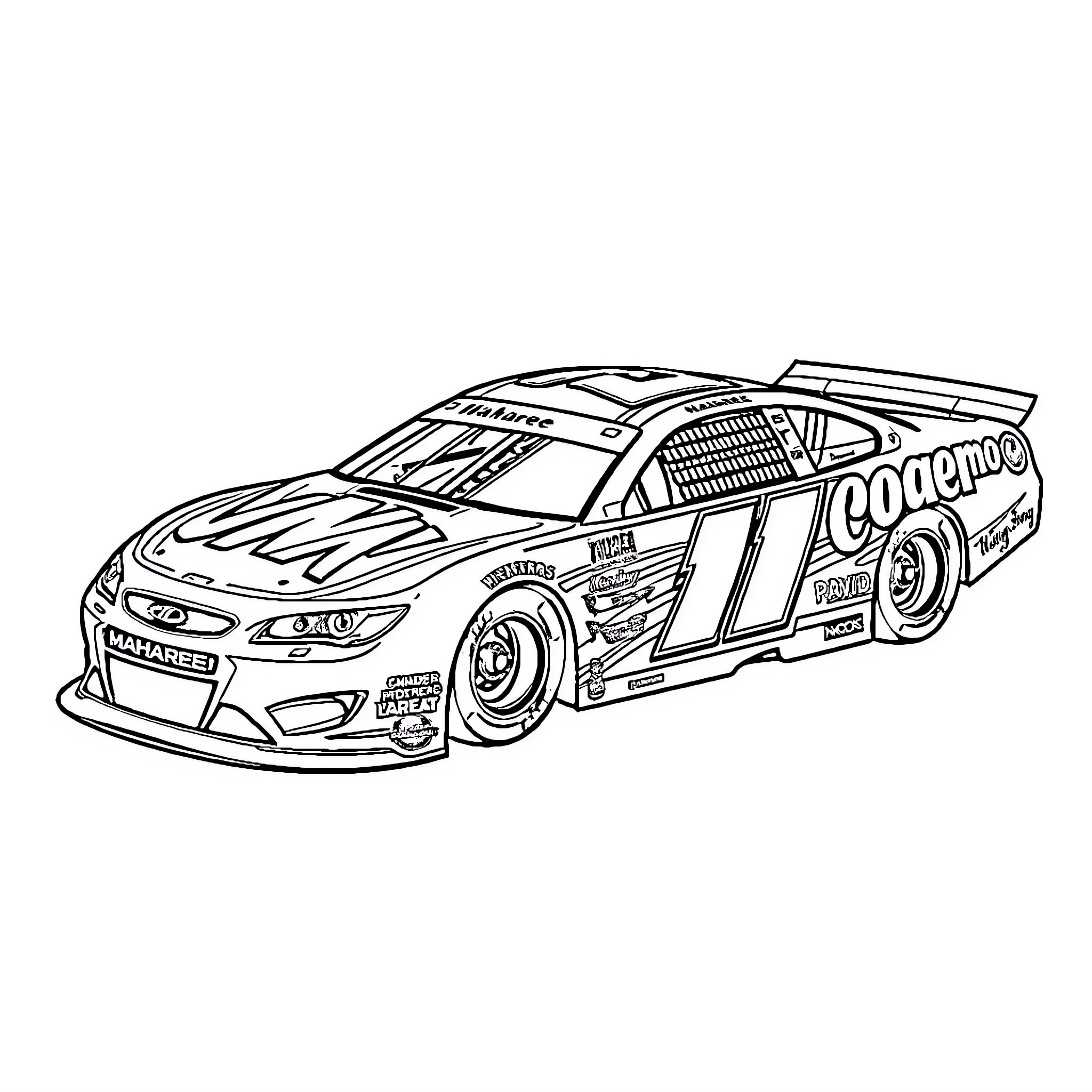 Nascar race car in competitive action Coloring Page (free black-and-white line drawing printable PDF for all, from beginners to advanced learners, including children, teens, adults, and seniors)