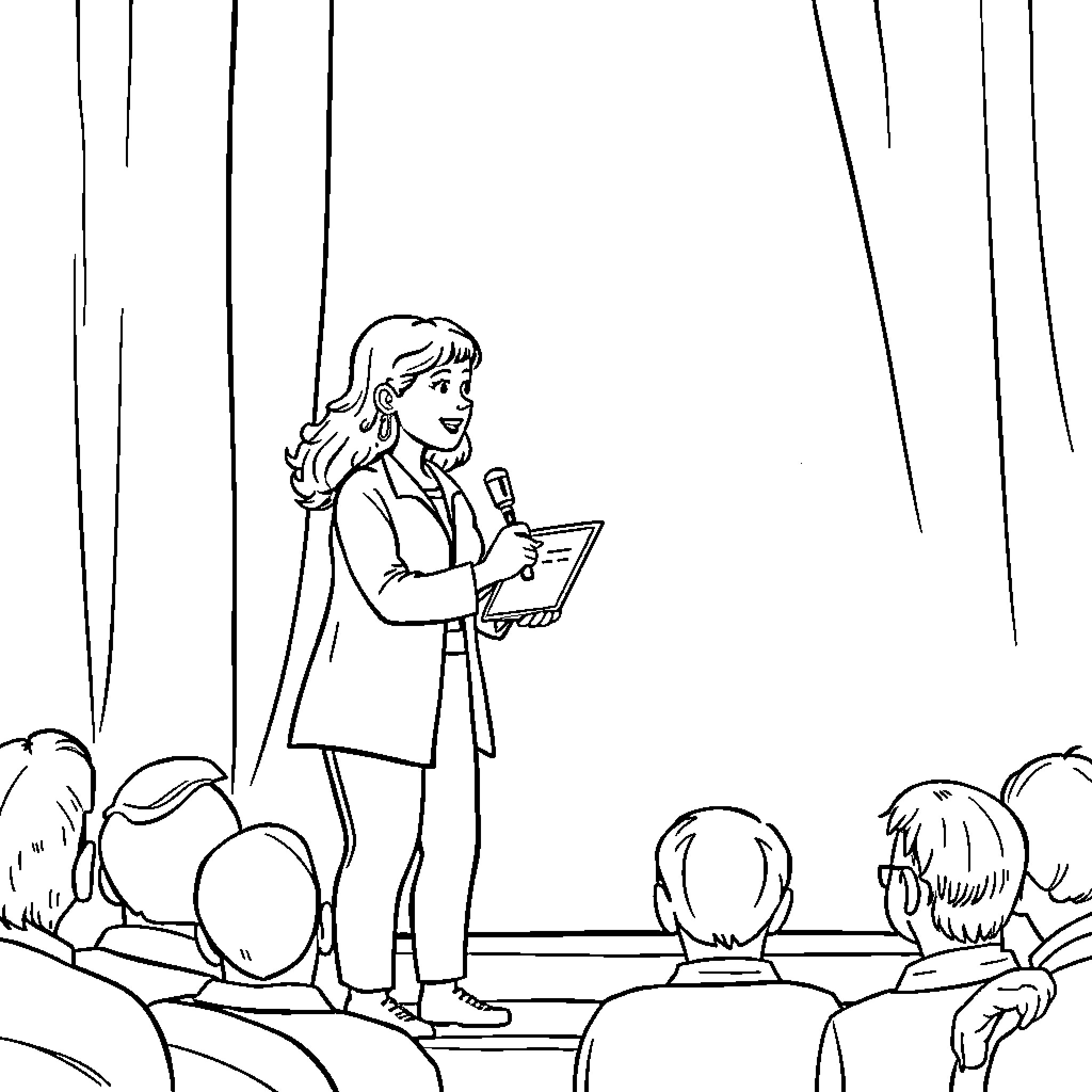 Teacher giving presentation to students in classroom Coloring Page (free black-and-white line drawing printable PDF for all, from beginners to advanced learners, including children, teens, adults, and seniors)