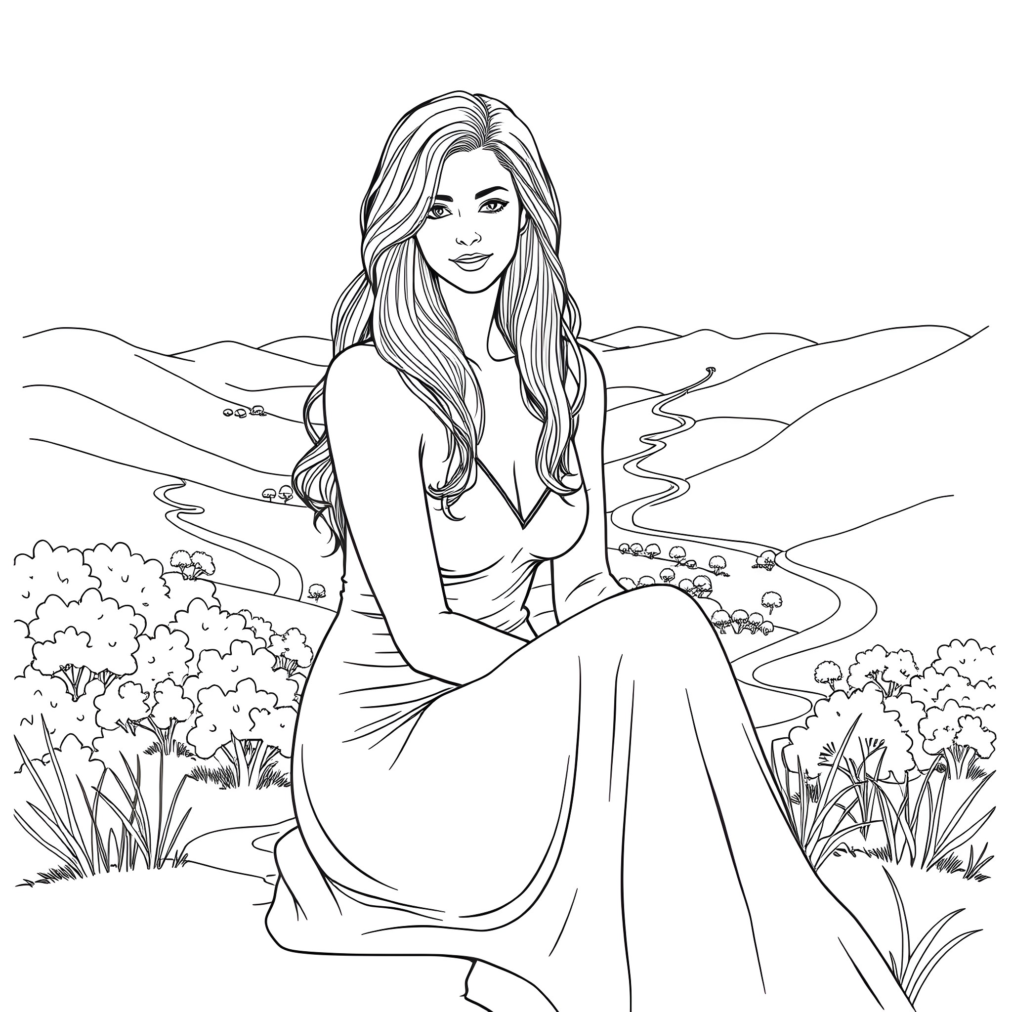 Mona Lisa in an enchanting natural landscape Coloring Page (free black-and-white line drawing printable PDF for all, from beginners to advanced learners, including children, teens, adults, and seniors)
