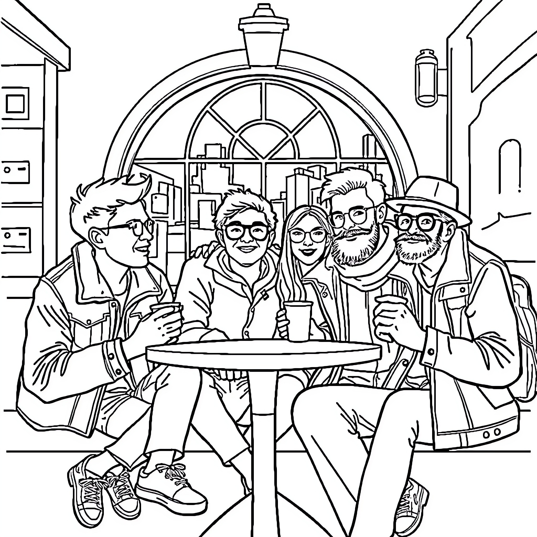 Hipster friends enjoying coffee together at a cafe Coloring Page (free black-and-white line drawing printable PDF for all, from beginners to advanced learners, including children, teens, adults, and seniors)