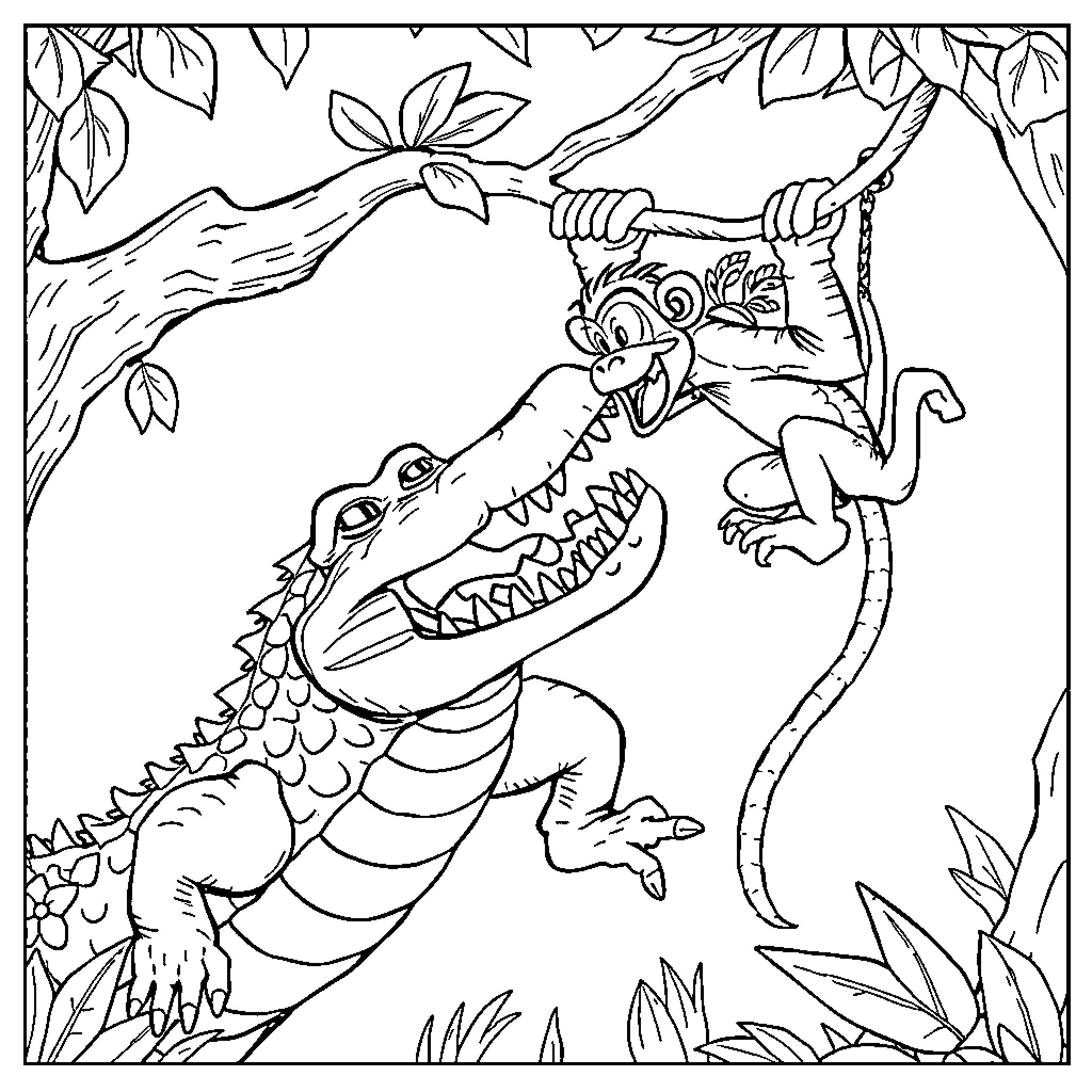 Alligator attacking monkey in jungle setting Coloring Page (free black-and-white line drawing printable PDF for all, from beginners to advanced learners, including children, teens, adults, and seniors)