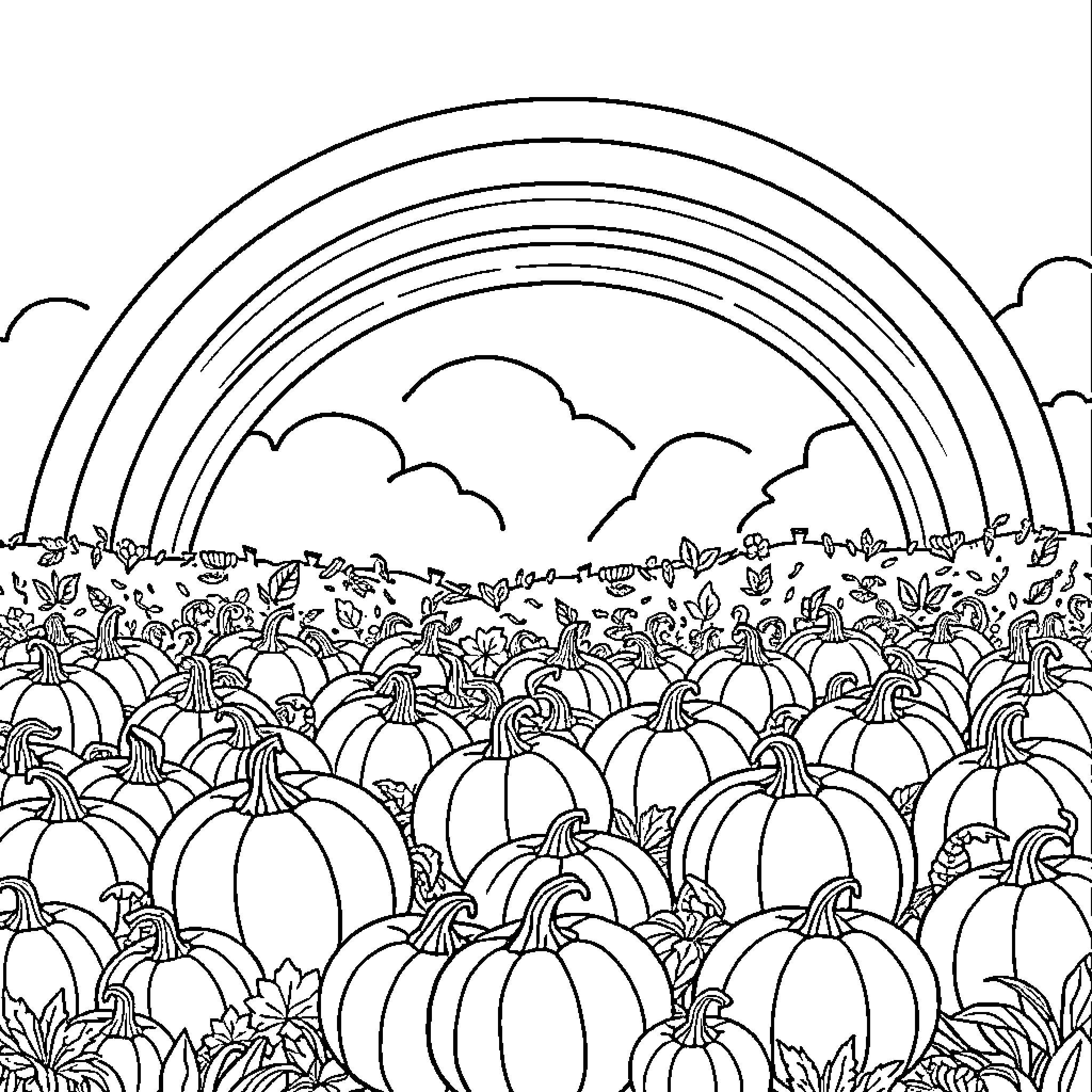Rainbow Pumpkin Patch Celebration Coloring Page (free black-and-white line drawing printable PDF for all, from beginners to advanced learners, including children, teens, adults, and seniors)
